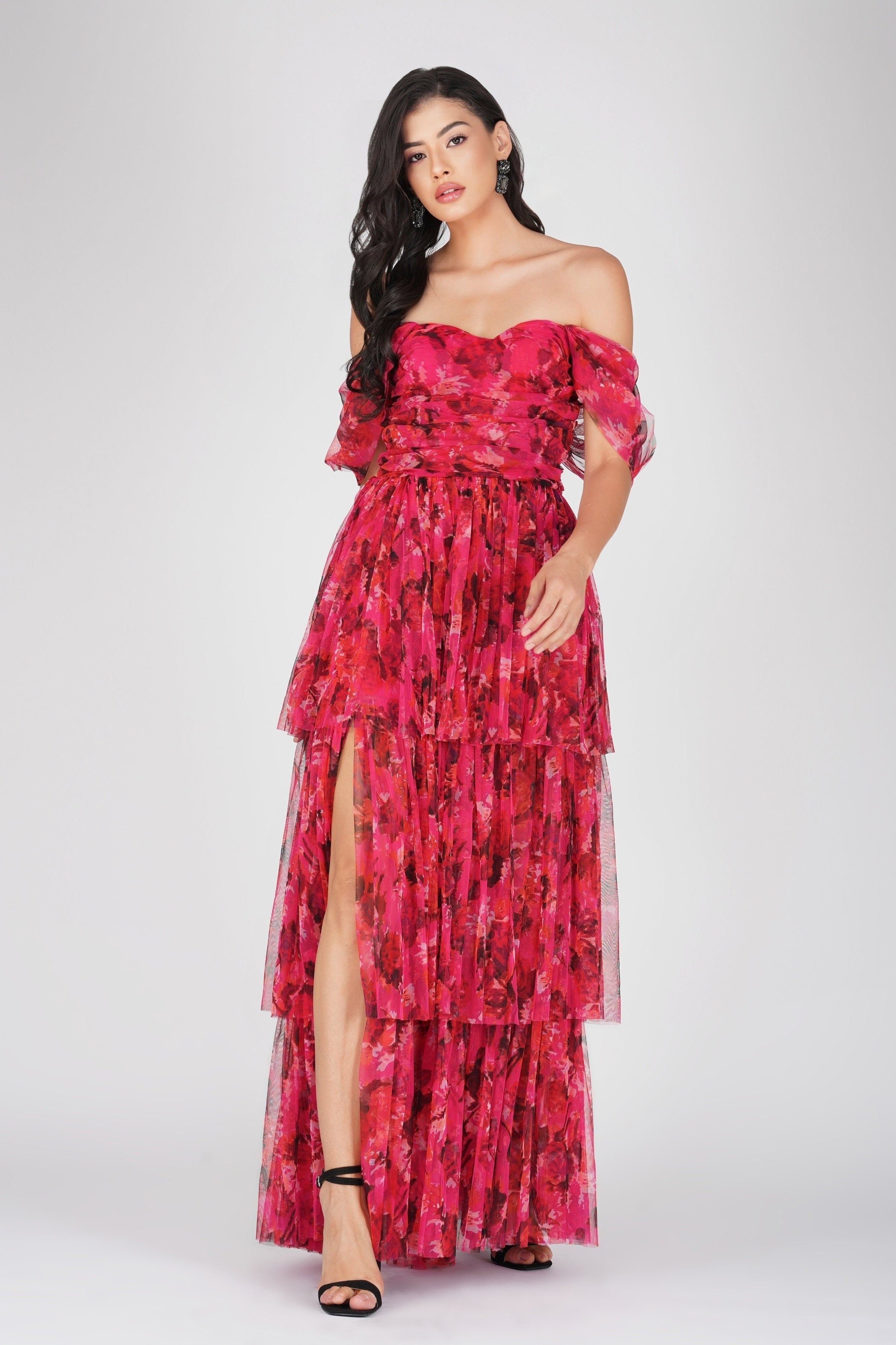 Elegant Sydney Tulle Maxi Dress - Flowy Red Pink Floral Print Formal Gown for Weddings, Parties & Special Occasions