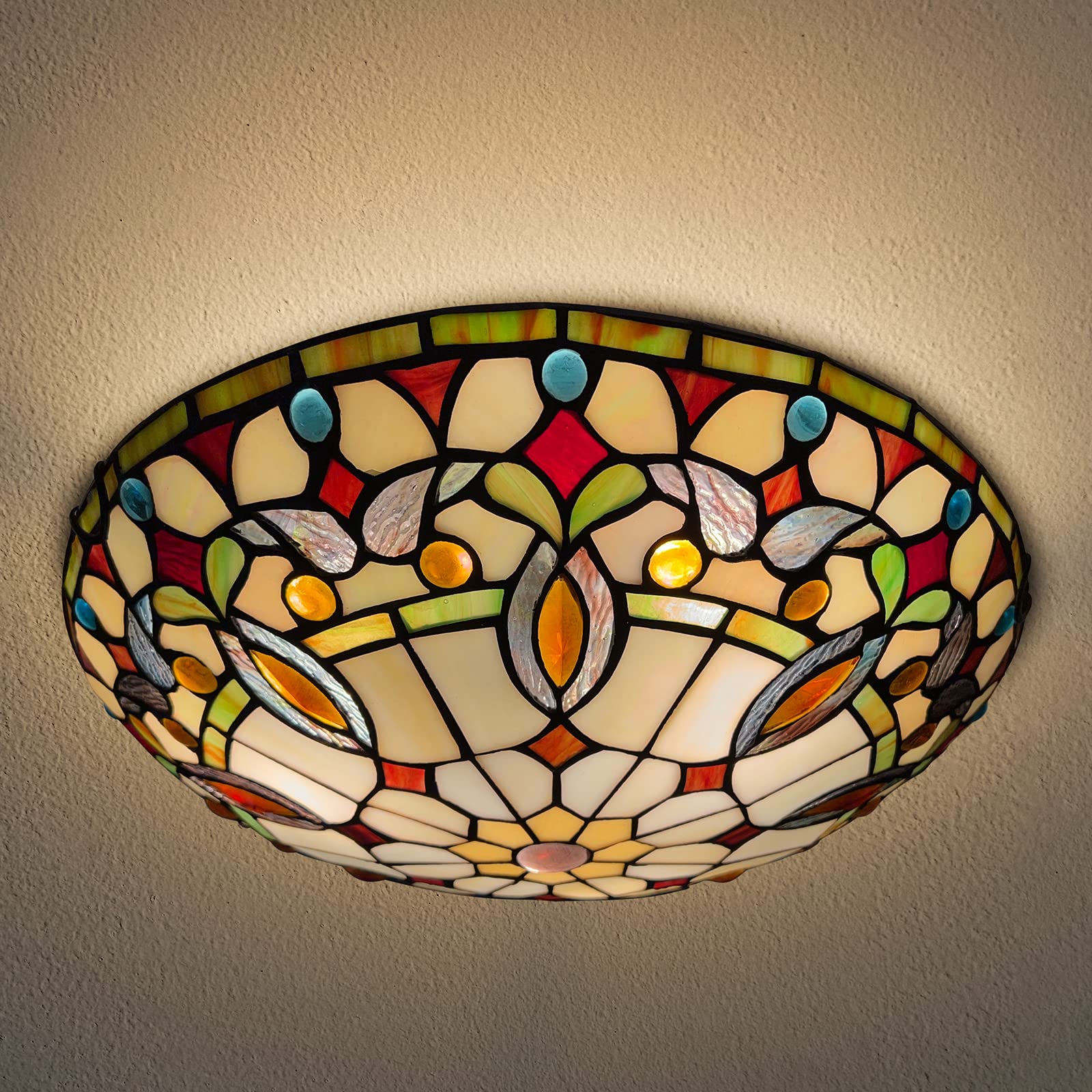 ARTZONE Tiffany Ceiling Light Fixture - 3-Light 16 Inch Stained Glass Flush Mount for Bedroom, Dining Room, Living Room, Entryway & Foyer - Vintage Style Lighting for Home Decor & Interior Design