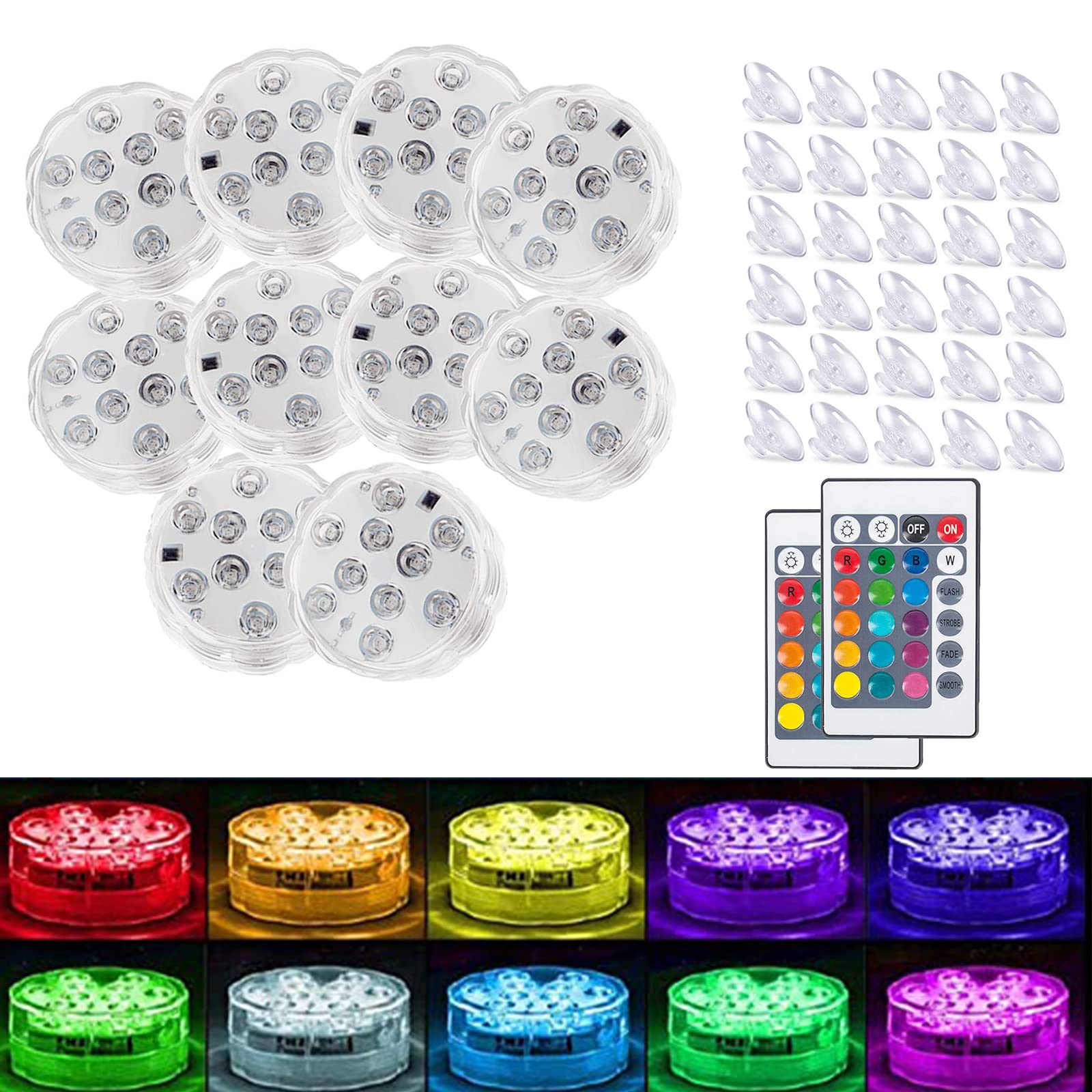 10 Pack Submersible LED Pool Lights with Remote - Battery Operated Waterproof Lights for Swimming Pools, Weddings, Halloween & Christmas Parties | Suction Cup Design for Easy Installation | Perfect for Indoor & Outdoor Decorations