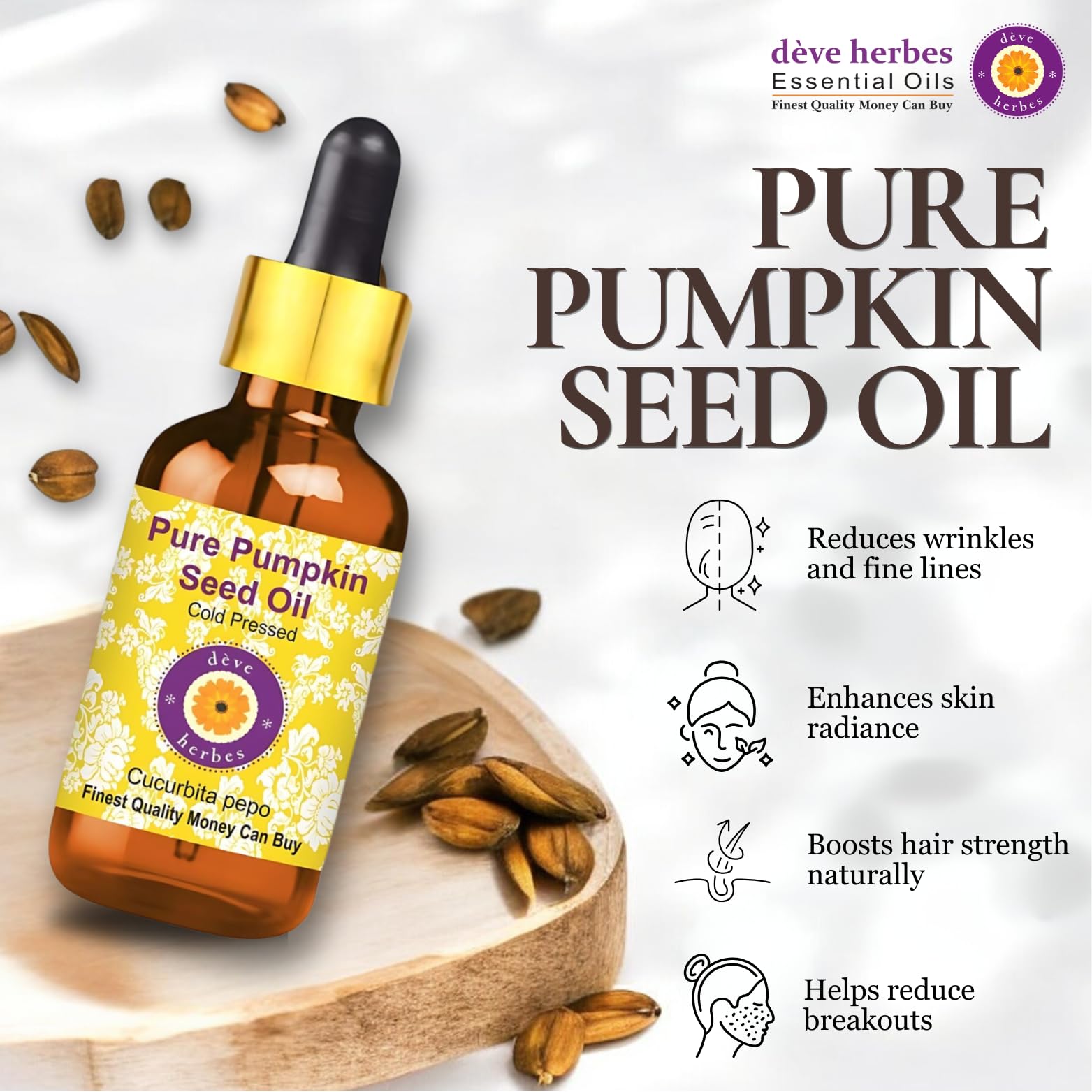 Deve Herbes Pure Pumpkin Seed Oil (Cucurbita pepo) - 100% Natural, Cold-Pressed, Therapeutic Grade - 10ml Bottle for Hair Growth, Skin Care & Prostate Health