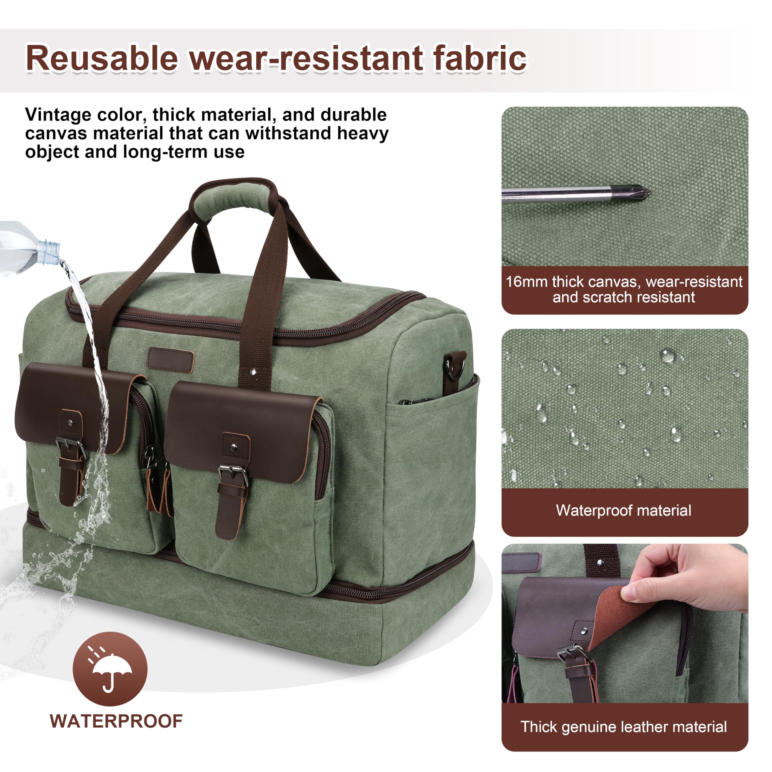 Large Capacity Waterproof Canvas & Genuine Leather Travel Duffle Bag with Shoe Compartment - Vintage Weekender Overnight Carry-On for Gym, Business Trips & Weekend Getaways
