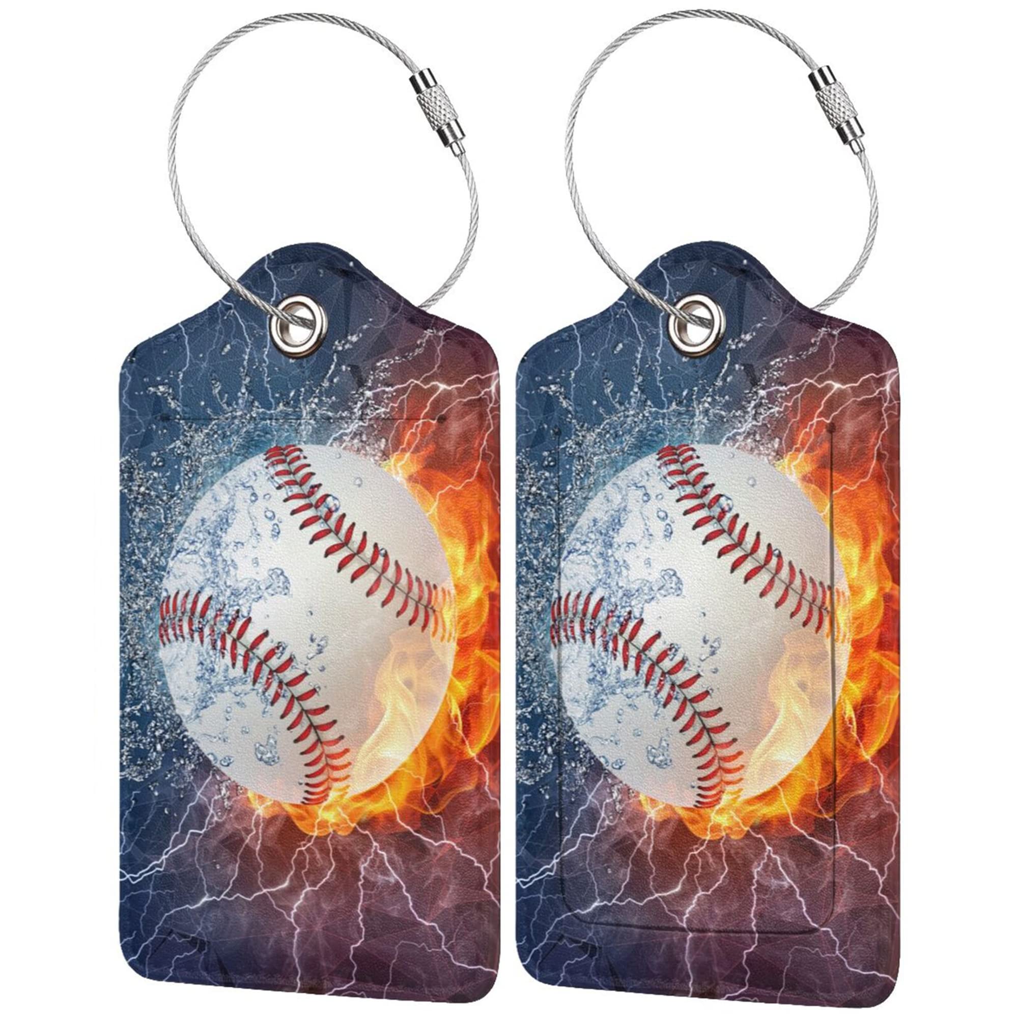 2 Pack Baseball Themed Luggage Tags for Suitcases - PU Leather ID Card Labels with Privacy Cover & Stainless Steel Loop - Perfect for Sports Fans, Men, Boys & Kids Travel Accessories (Great for Airports, Camps, School Trips & Sports Events)