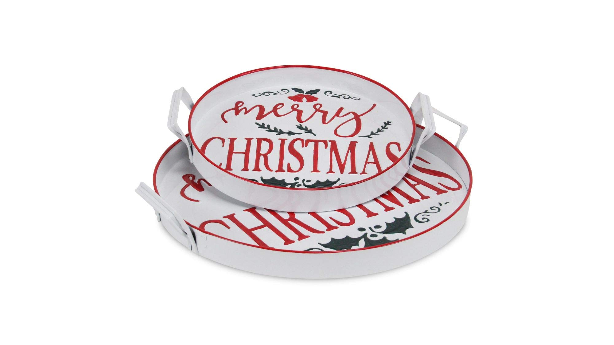 Set of 2 White and Red Christmas Serving Trays with Handles - 16 Inch Holiday Party Decor for Dining, Coffee Table, and Gift Giving