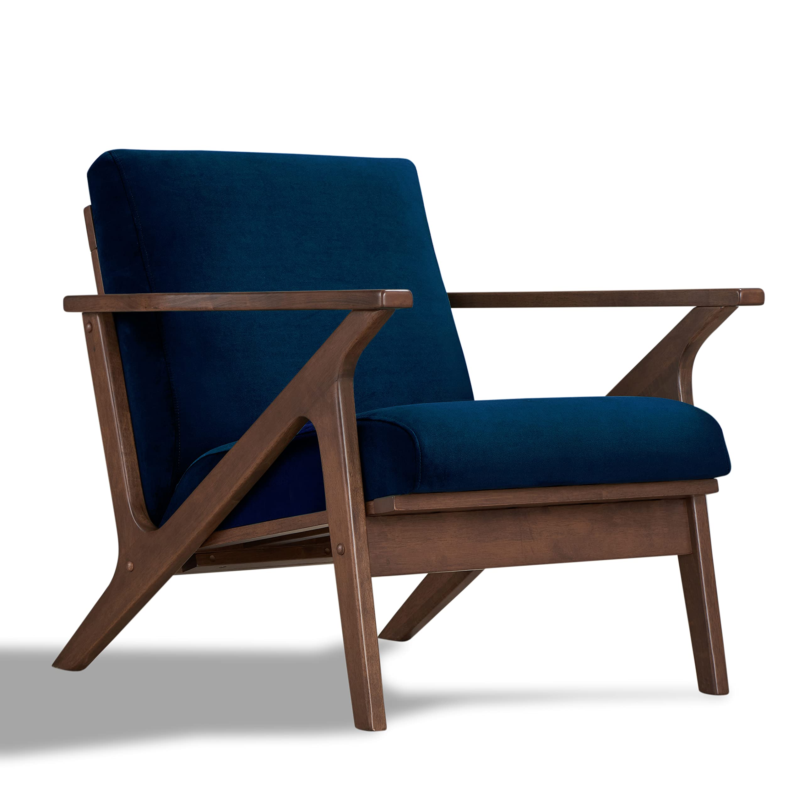 Zola Mid Century Modern Accent Chair - Solid Wood Frame Blue Velvet/Walnut Armchair for Living Room, Bedroom & Reading Nook | Stylish Home Decor & Comfortable Seating for Relaxation