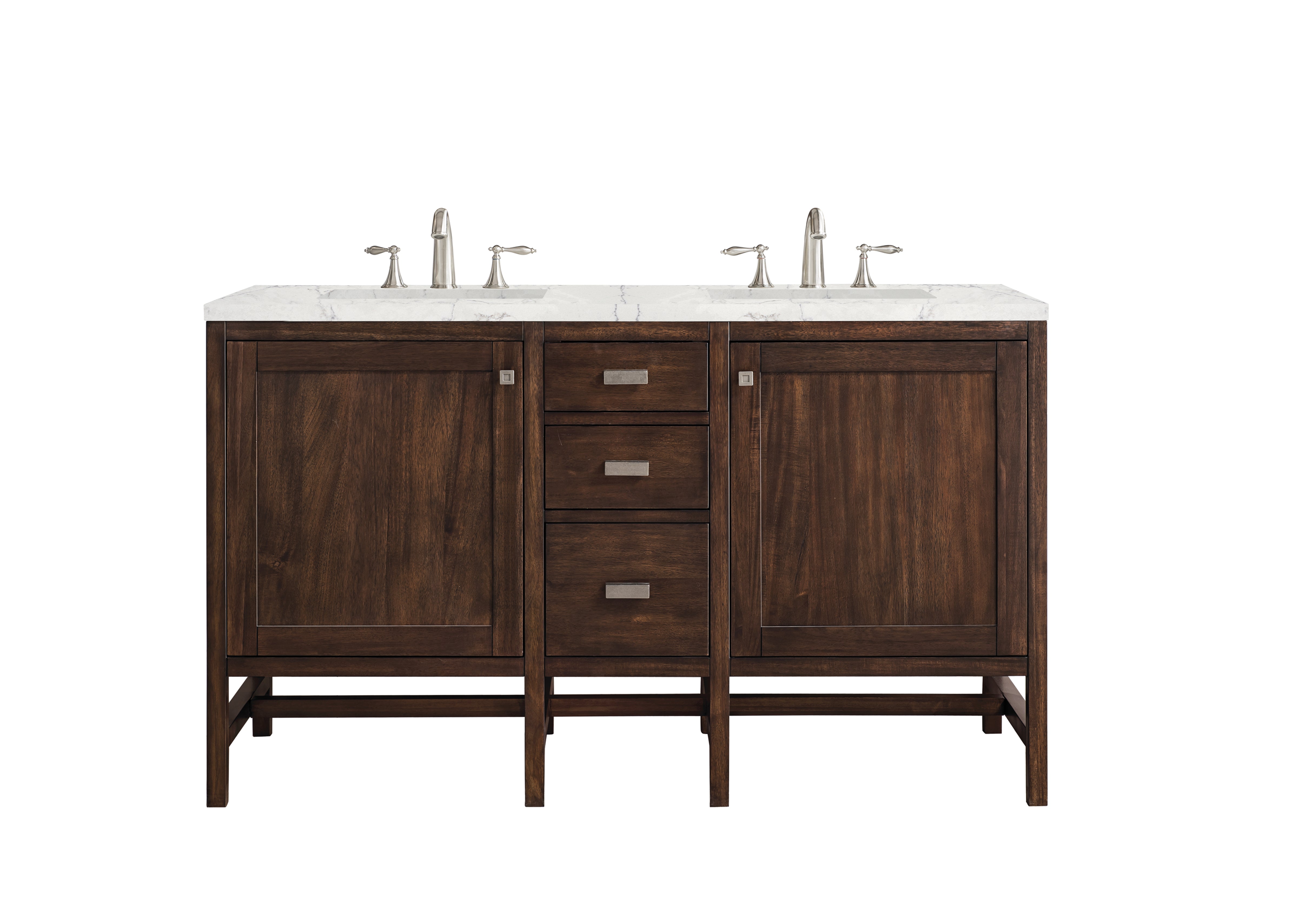 Addison 60 Inch Double Vanity Cabinet with 3CM Eternal Jasmine Pearl Quartz Top - Mid Century Modern Acacia Wood Bathroom Vanity for Master Bath & Guest Bath Remodel
