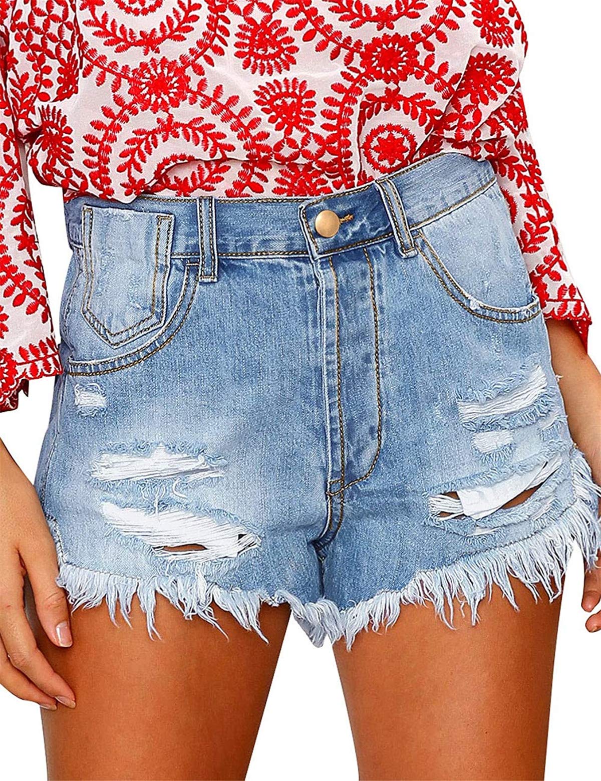 OnlyPuff Women's High Waist Stretch Denim Shorts with Pockets - Summer Casual Jean Shorts for Women | Perfect for Beach, Vacation, Streetwear & Everyday Outfits | Great for Summer Travel, Music Festivals, Casual Date Nights and Outdoor Activities