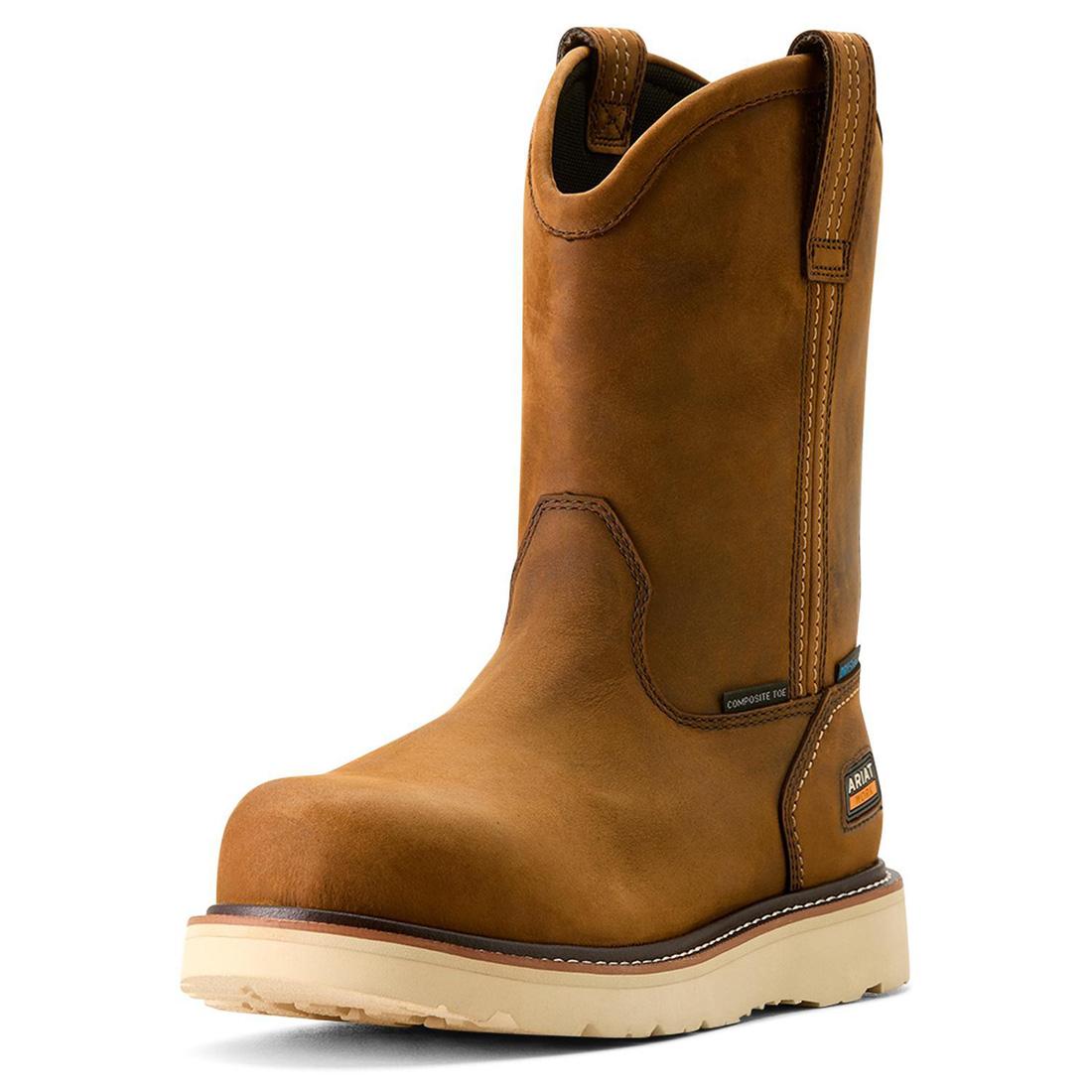 Rebar Composite Toe Waterproof Pull-On Wedge Work Boots - Distressed Brown for Construction, Landscaping & Outdoor Work