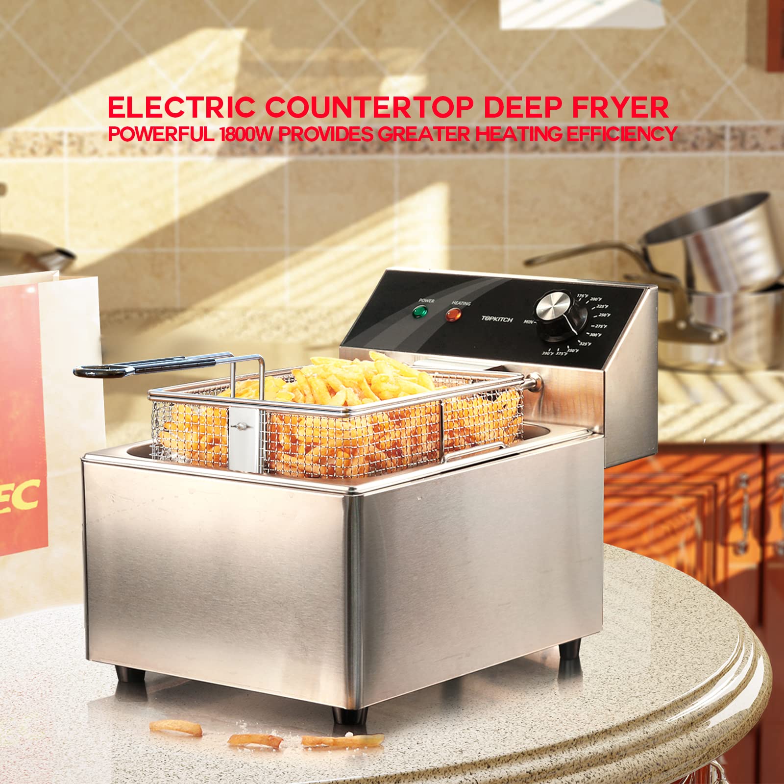 1800W Electric Deep Fryer with Basket & Lid - 10L (10.5QT) Stainless Steel Countertop Fryer for Home Use | Easy to Clean Oil Fryer 120V | Perfect for Frying Chicken, French Fries & Donuts