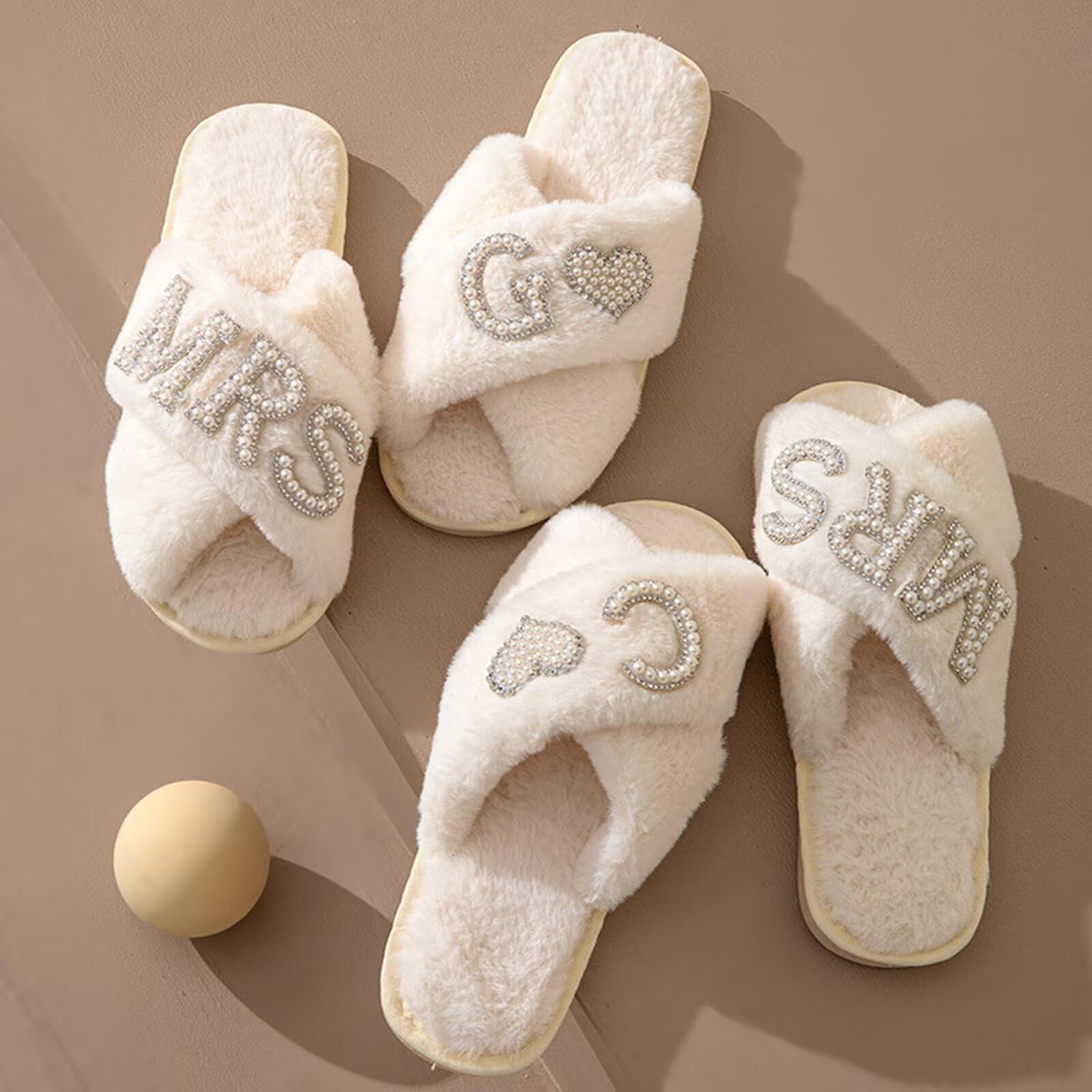 KEYUSHOP Women's Wedding Slippers - Soft Bridal House Slippers with Cross Band, Fuzzy Open-Toe Design for Bride, Bridesmaid & Bridal Shower Party | Comfortable Indoor/Outdoor Slippers for Wedding Preparation & Honeymoon