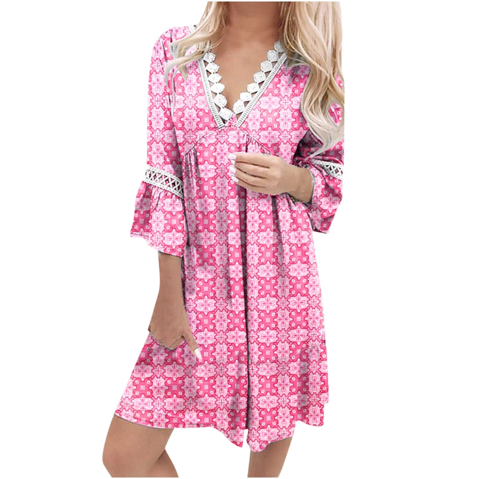 2023 Women's Summer Dresses - Long Sleeve V-Neck Casual Tunic Dress for Party & Everyday Wear | Flowy 3/4 Sleeve Beach Dress | Perfect for Outdoor Events, Vacations & Date Nights