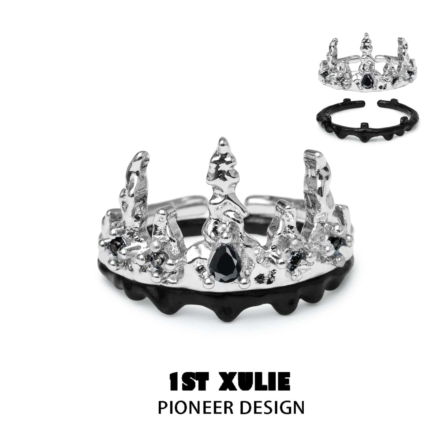 Sterling Silver S925 Detachable Crown Ring - Elegant Black Mirror Finish for Women, Perfect for Parties, Weddings & Special Occasions