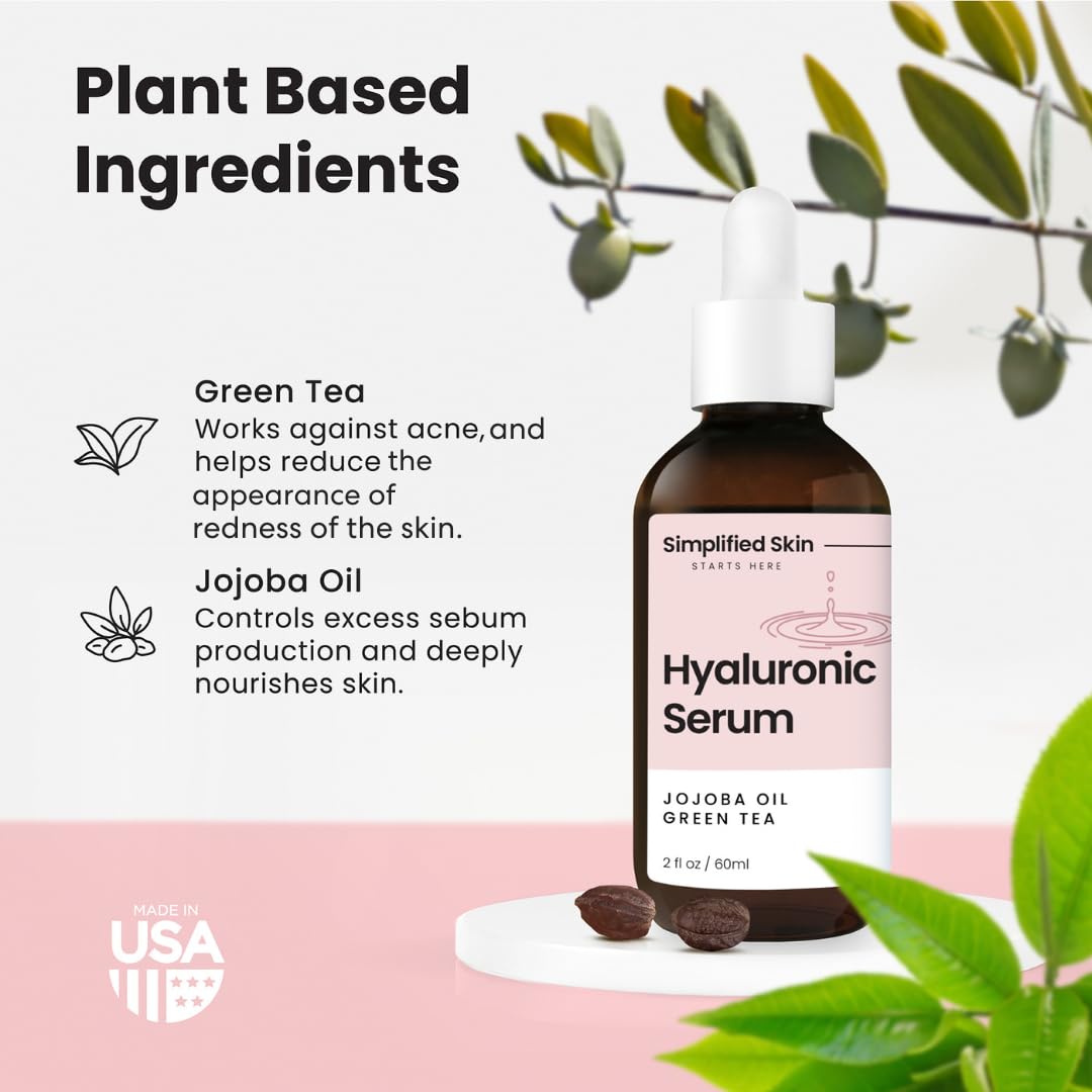 Hyaluronic Acid Face Serum with Jojoba Oil, Green Tea & Vitamin C - Deep Hydration Anti-Aging Serum for Smooth, Plump & Youthful Skin - 2 Fl Oz - Perfect for Daily Skincare Routine & Nighttime Moisturizing