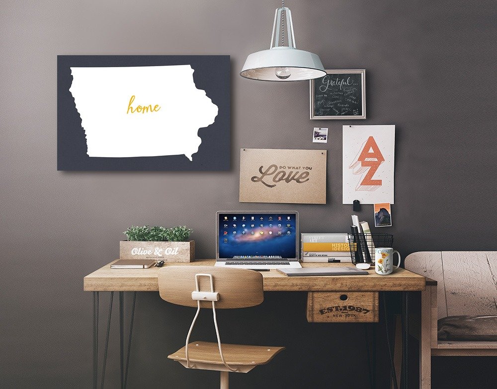 Iowa Home State White on Gray Canvas Wall Art - 16x24 Wrapped Canvas Print for Living Room, Bedroom & Office Decor