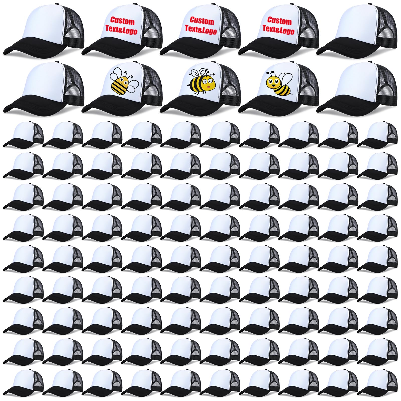 100 Pcs Unisex Sublimation Blank Mesh Baseball Caps - Adjustable Plain DIY Embroidery & Printing Trucker Hats (Black/White) for Custom Sports Teams, Events & Promotional Gifts