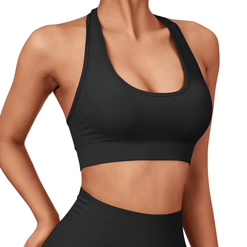 SUUKSESS Women's Seamless Halter Sports Bra - Open Back Padded Workout Crop Top for Yoga, Running & Gym - Breathable Comfort for Active Lifestyles