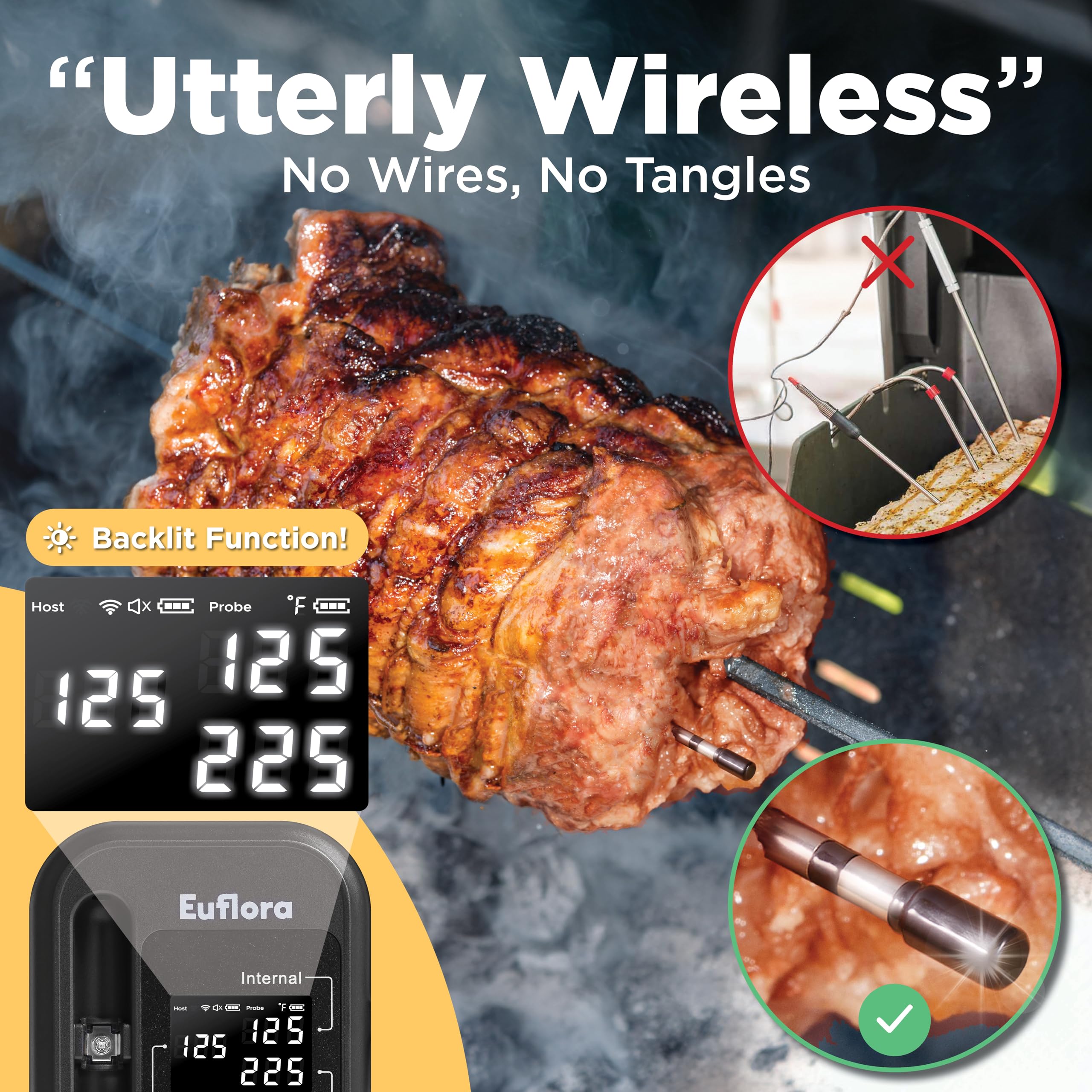 Wireless Meat Thermometer with Digital Probe - Bluetooth BBQ Thermometer for Grilling, Smoking & Oven Cooking - 800ft Range, Internal & Ambient Temp Monitoring - Perfect for Outdoor Cooking, Backyard BBQs & Kitchen Use (Black)