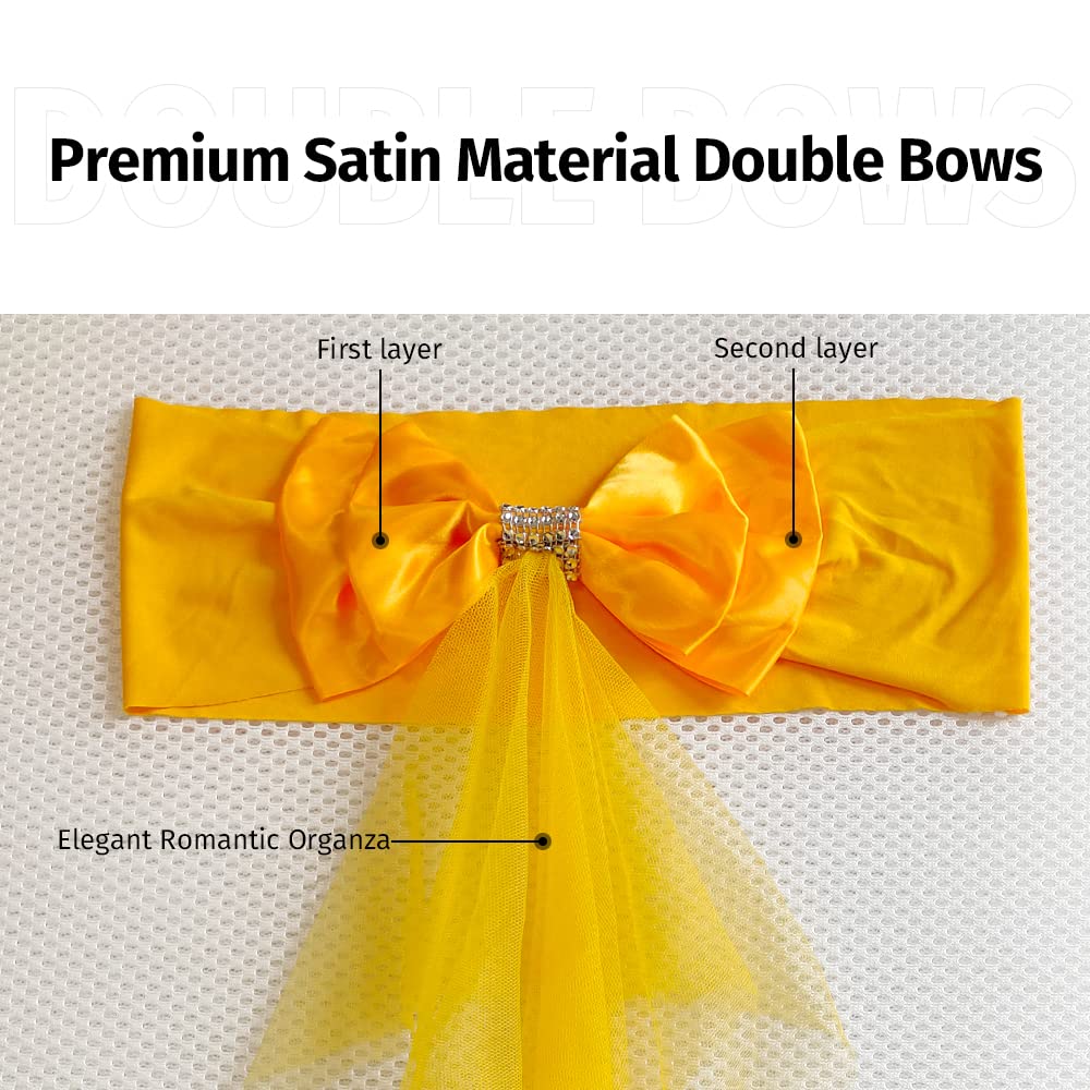Elegant Gold Yellow Organza Chair Sash Bows - Pack of 60 for Wedding Chair Decorations, Party Decor & Banquet Events - Floating Tied Spandex Chair Cover Bands with Bowknot for Special Occasions