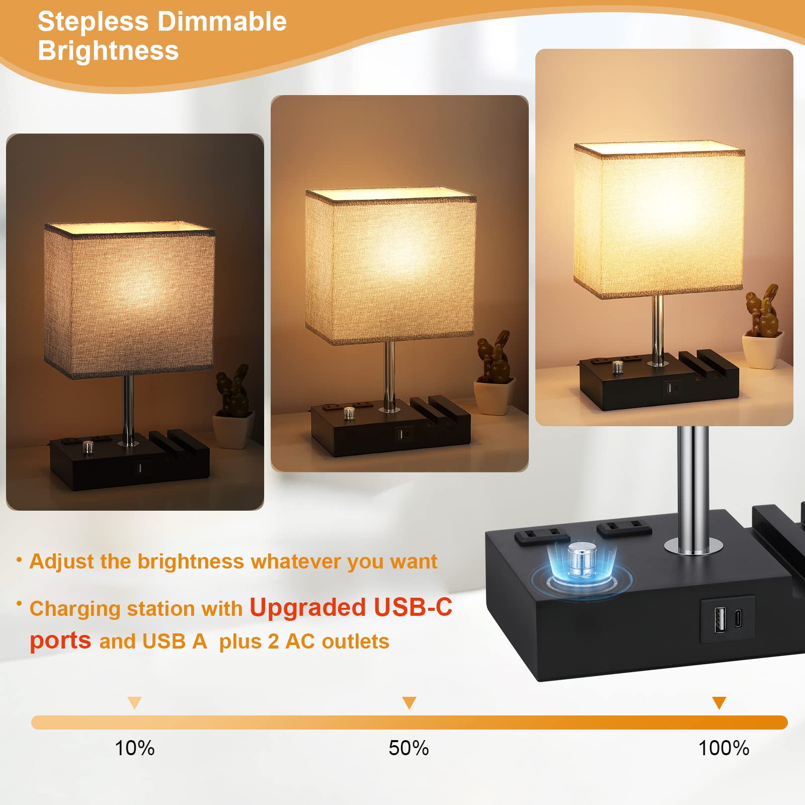 Dimmable Nightstand Lamp with USB C Ports & Charging Outlets - Wooden Bedside Table Lamp for Bedroom, Living Room & Office - Includes LED Bulb & Phone Stand (Grey) - Perfect for Reading, Charging Devices & Home Decor