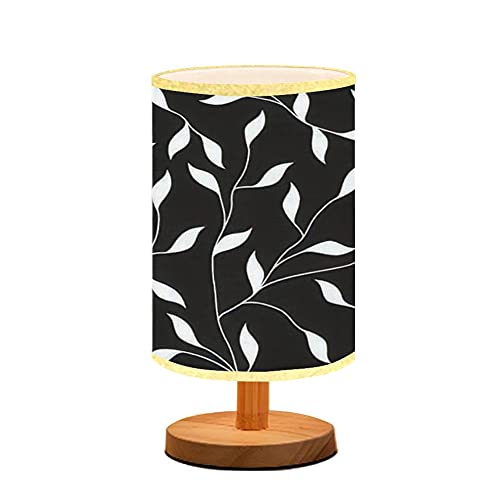 Minimalist Black and White Leaf Pattern Nightstand Lamp - Wooden Flaxen Fabric Shade Bedside Table Light for Bedroom, Living Room & Nursing - Perfect for Reading, Breastfeeding & Creating Cozy Ambiance
