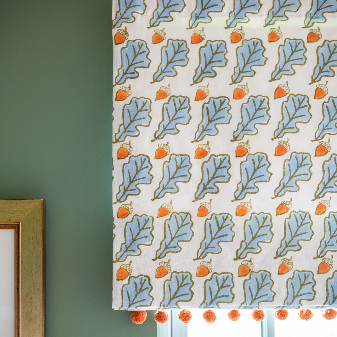 Handmade Blue Linen Fabric with Oak Block Print - Eco-Friendly Home Decor & DIY Crafting Material for Curtains, Table Runners, and Upholstery Projects