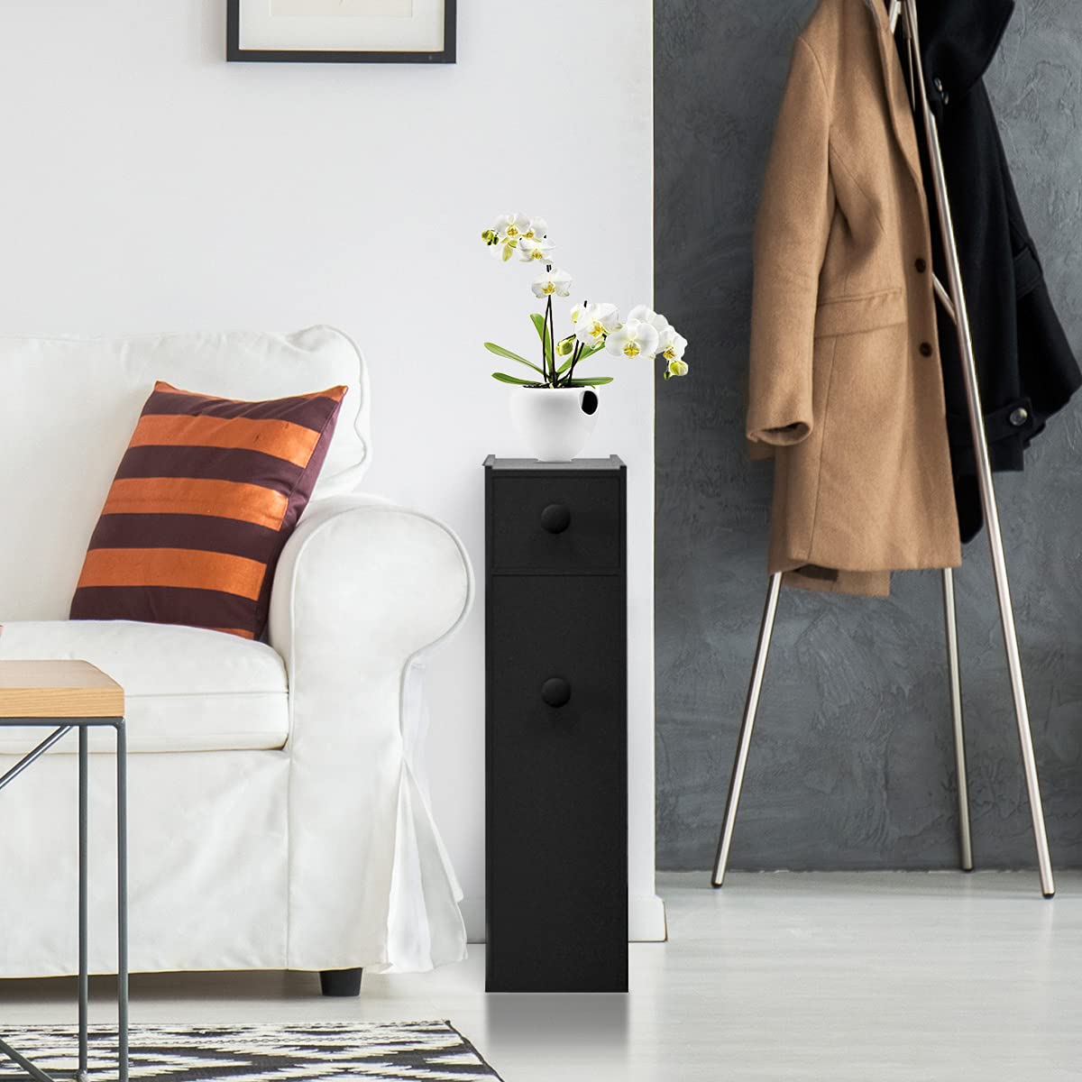Slim Bathroom Storage Cabinet - Narrow Toilet Paper & Essentials Organizer for Small Spaces, Modern Bathroom Counter Cabinet & Nightstand for Bedroom, Living Room, Office - Space-Saving Storage Solution (Black) | Perfect for Apartments, Dorms & Compact Bathrooms