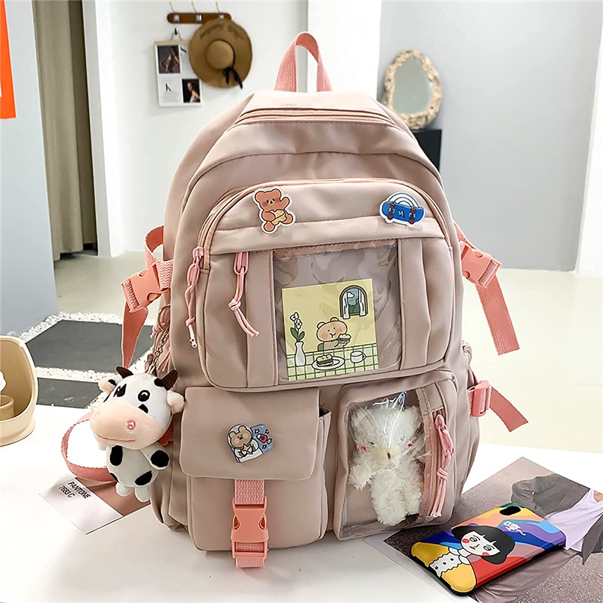 Cute Aesthetic Backpack for Women - Lightweight Travel Backpack with Kawaii Badge Pins & Keychain Pendant - Perfect for School, Work, Travel and Daily Use
