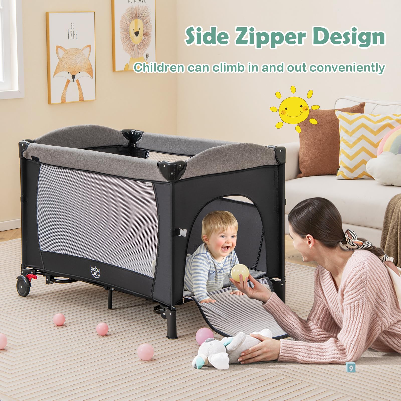 BABY JOY 5-in-1 Pack and Play with Bassinet | Convertible Baby Bedside Sleeper & Playard for Newborn to Toddler | Includes U-Shape Diaper Changer, Safety Strap, Music Box & Hanging Toys | Perfect for Nursery, Travel & Co-Sleeping