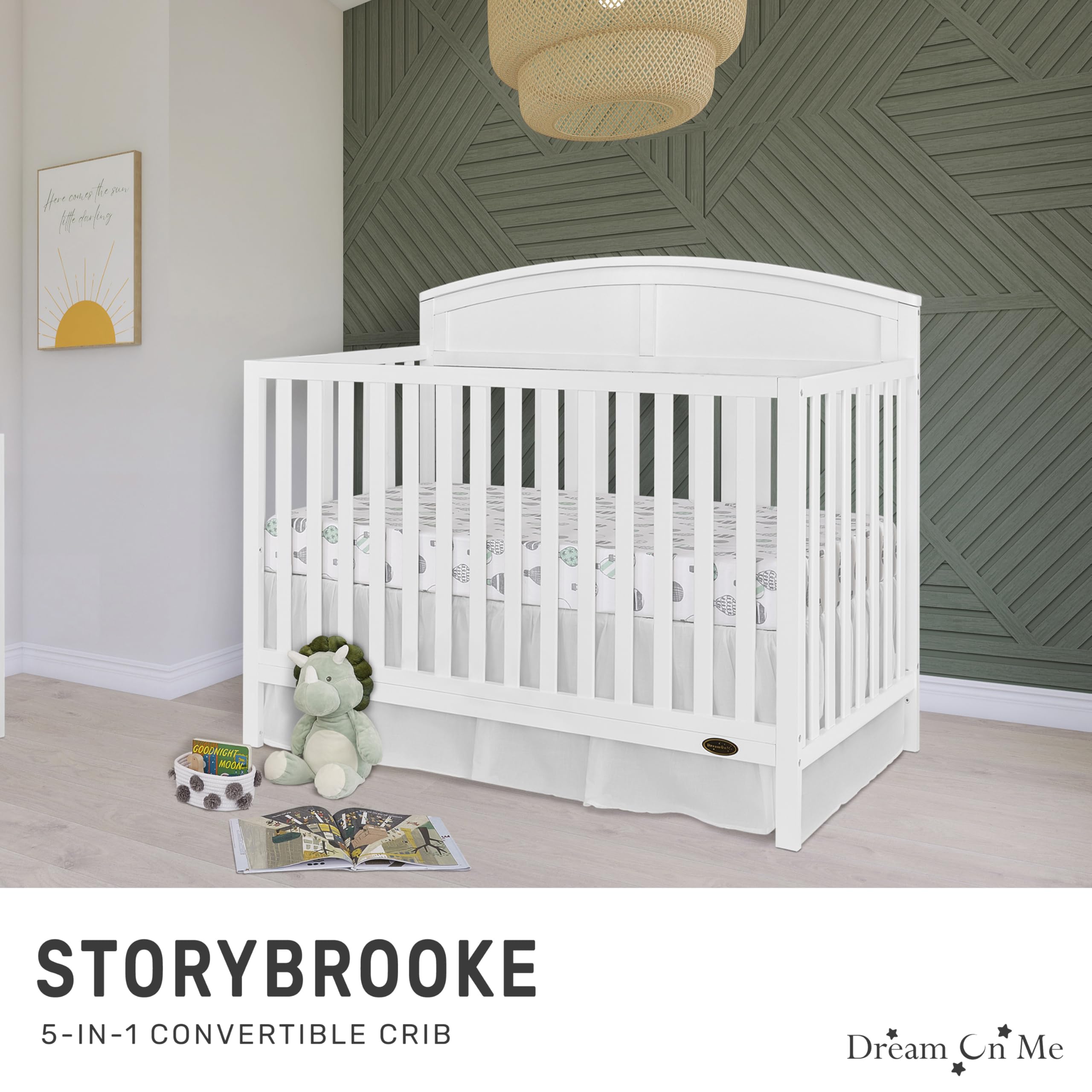 EVOLUR Dream On Me Storybrooke 5-in-1 Convertible Baby Crib - White | JPMA & Greenguard Gold Certified | Sustainable Pinewood Construction | 3 Adjustable Mattress Heights | Non-Toxic Water-Based Paint | Perfect for Nursery, Bedroom & Daycare Use