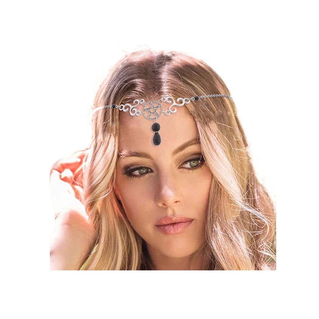 Boho Star Head Chain Silver Crystal Headpiece Pentagram Gothic Forehead Chain Pendant - Women's Festival Hair Accessories for Halloween Parties, Music Festivals & Cosplay Costumes