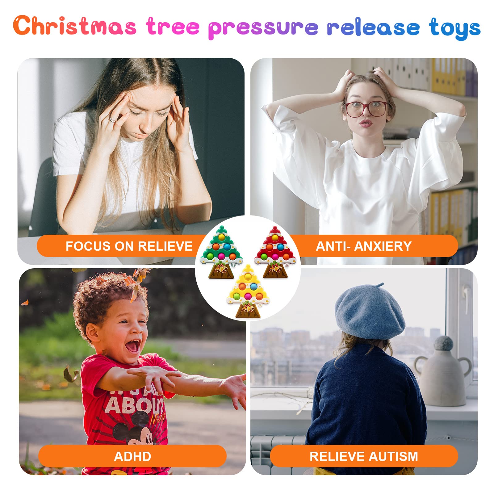 Fidget Toys for Adults & Kids - 3PCS Christmas Tree Sensory Push Pop Bubble Poppers - Stress Relief & Anxiety Relief Toys for Classroom, Office, Travel