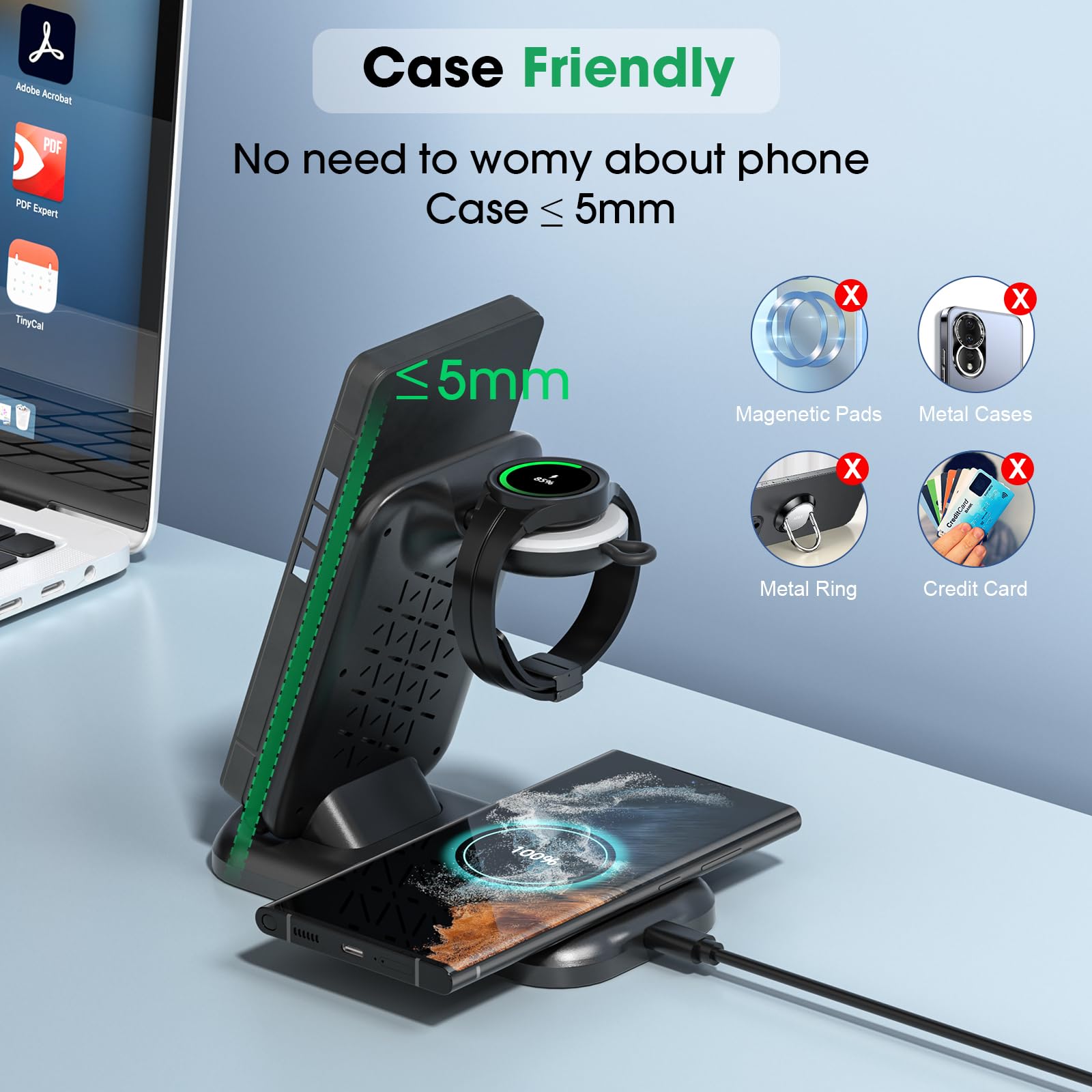 3-in-1 Fast Wireless Charging Station for Samsung Galaxy - Compatible with Watch Ultra/7/6/5/4, S24/S23/S22/S21 Series, Z Fold/Flip 6/5/4/3 & Buds - Perfect for Home, Office & Travel Charging Needs