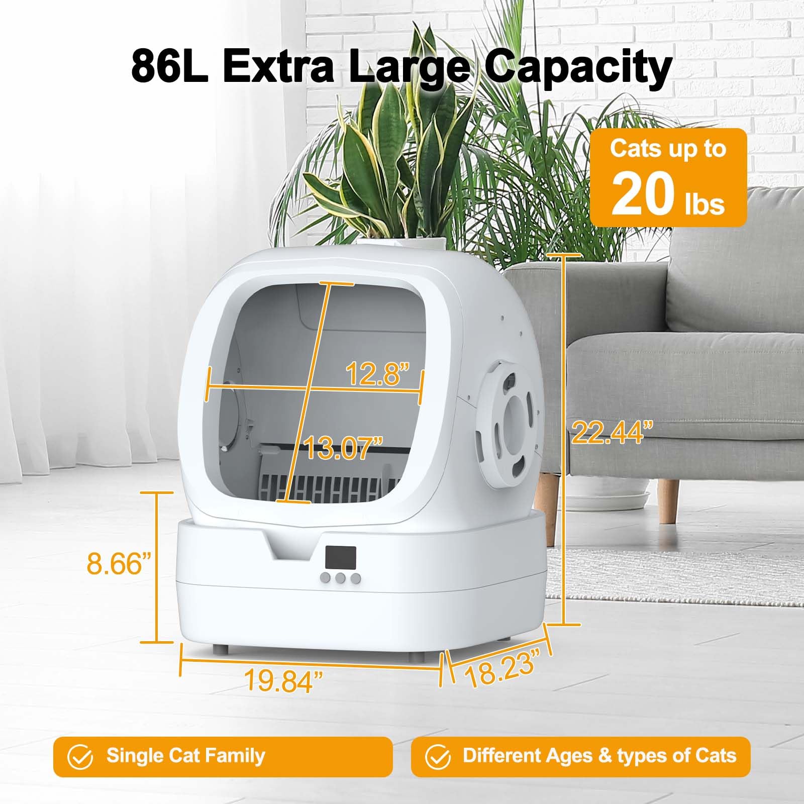 Smart Self-Cleaning Cat Litter Box with APP Control & Weight Monitoring - 85L Ultra-Quiet Multi-Cat Litter Box - Health Tracking & Anti-Pinch Safety - Perfect for Home, Office or Travel Use (White)