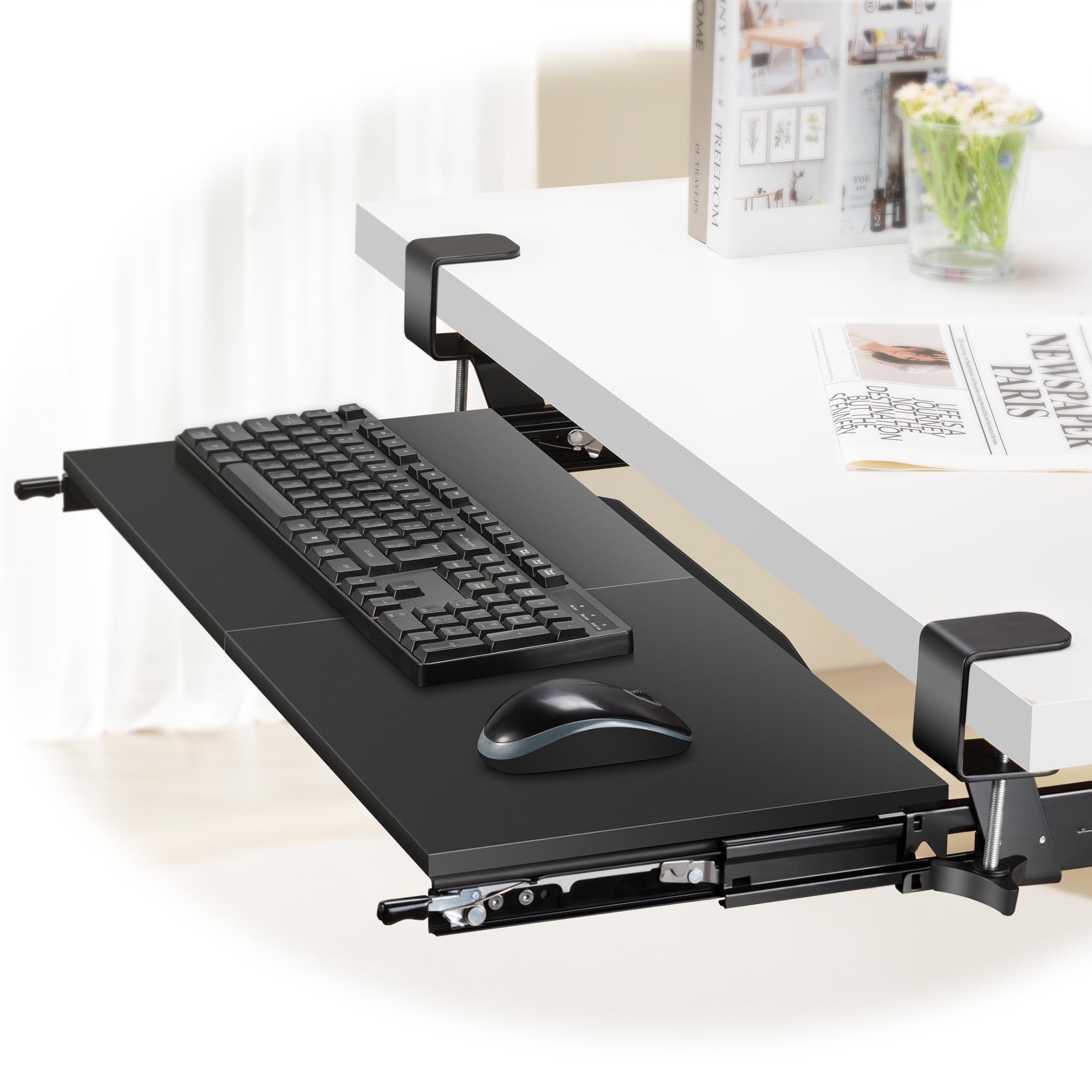 Ergonomic Under Desk Keyboard Tray - Slide-Out Wrist Support with Heavy-Duty C-Clamp Mount (26.8
