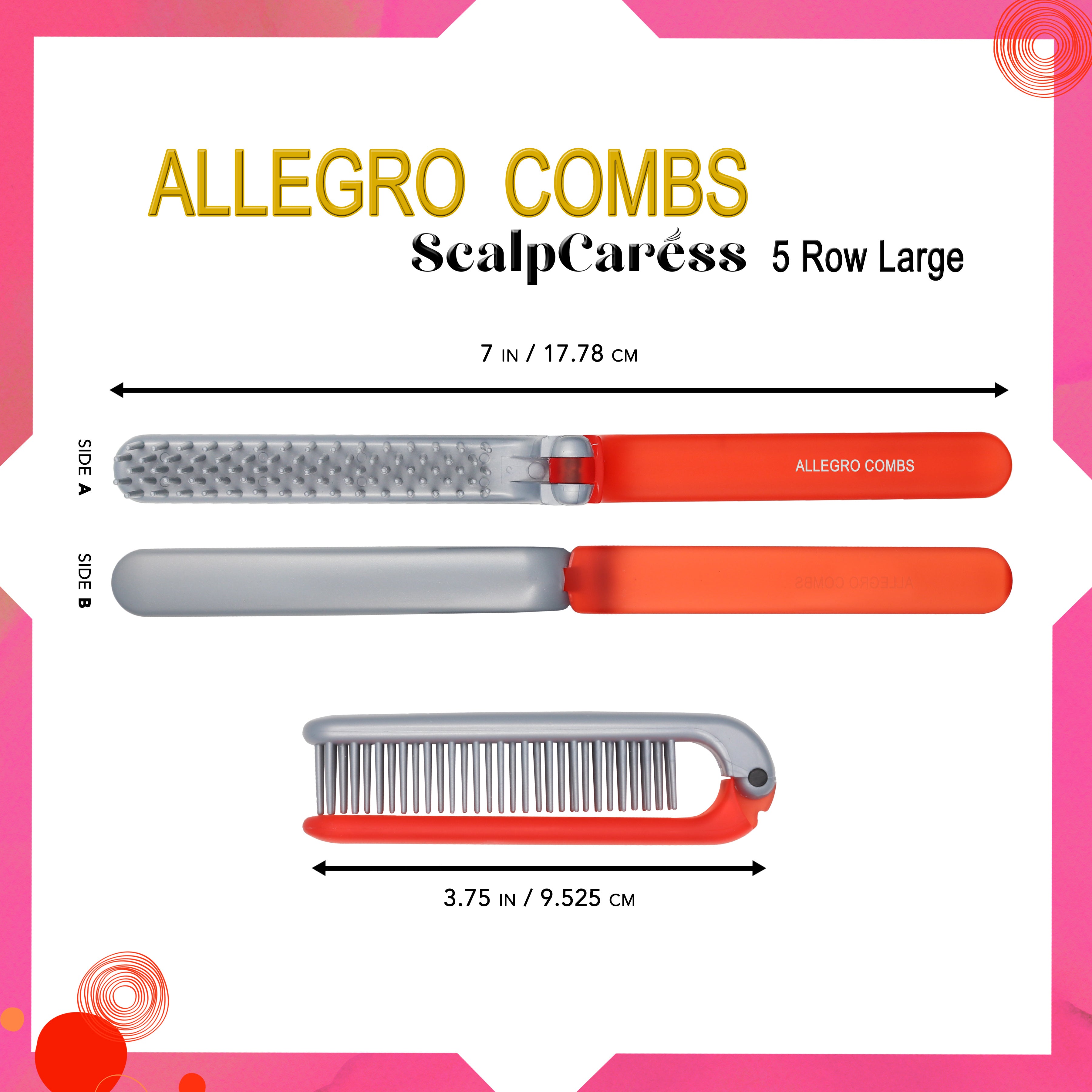 Allegro Combs ScalpCaress Mini Foldable Hairbrush - Portable Travel Hair Brush for Detangling & Scalp Massage - Perfect for Purse, Gym Bag & On-the-Go Styling