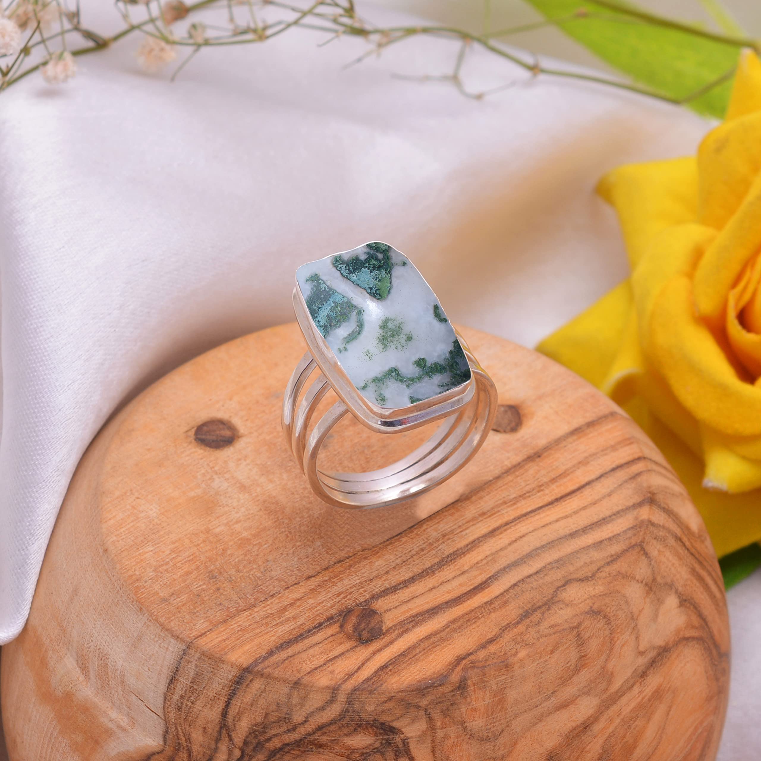 Veracity Jewelry Moss Agate Rings for Women - 925 Sterling Silver Healing Meditation Rings with Natural Green White Gemstone - Elegant Spiritual Jewelry for Yoga, Reiki & Everyday Wear - VSR-795