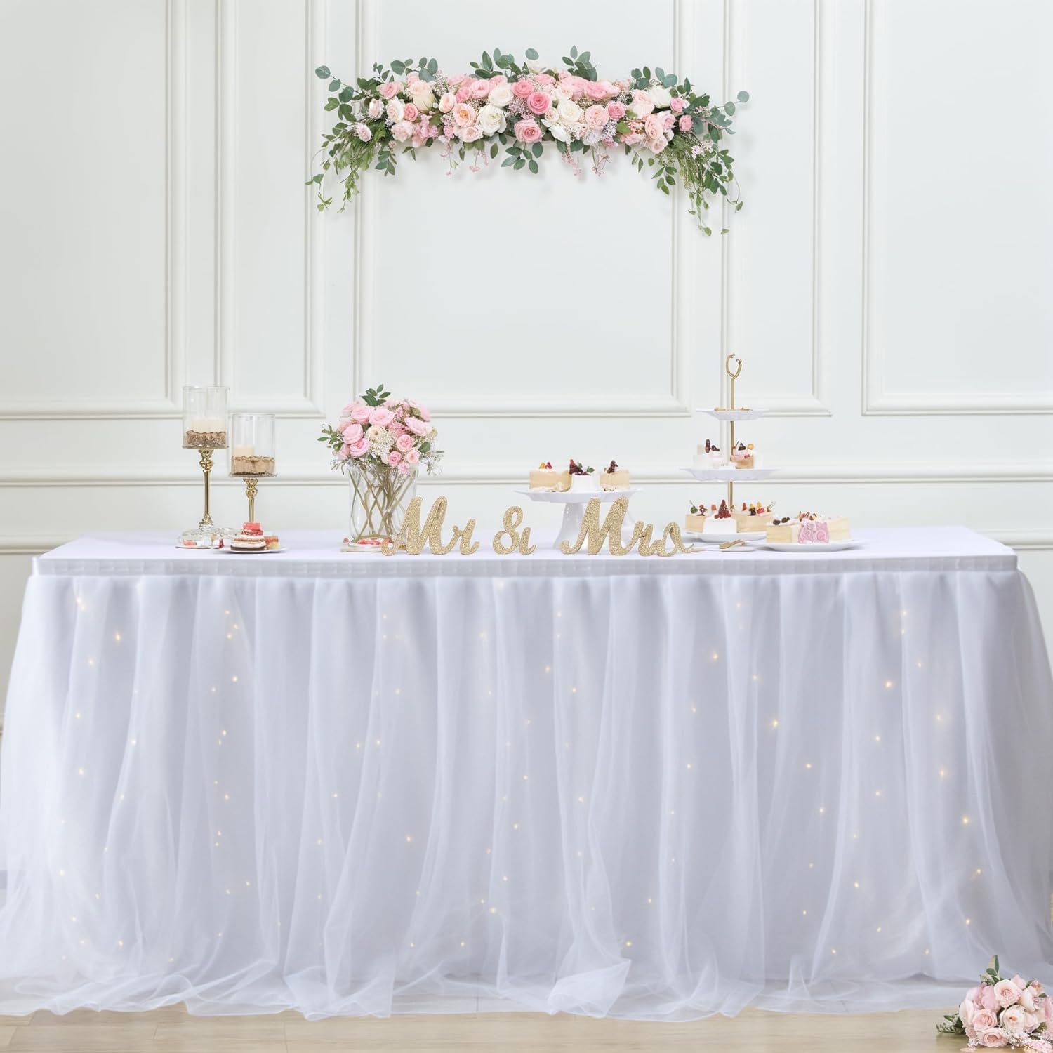 Albassa White Tulle Table Skirt with LED Lights - 6ft Tutu Table Cover for Rectangle or Round Tables - Elegant Baby Shower, Birthday Party & Wedding Cake Table Decor - Perfect for Dessert Buffets, Bridal Showers & Special Events (White, 6ft Length x 30in Height)