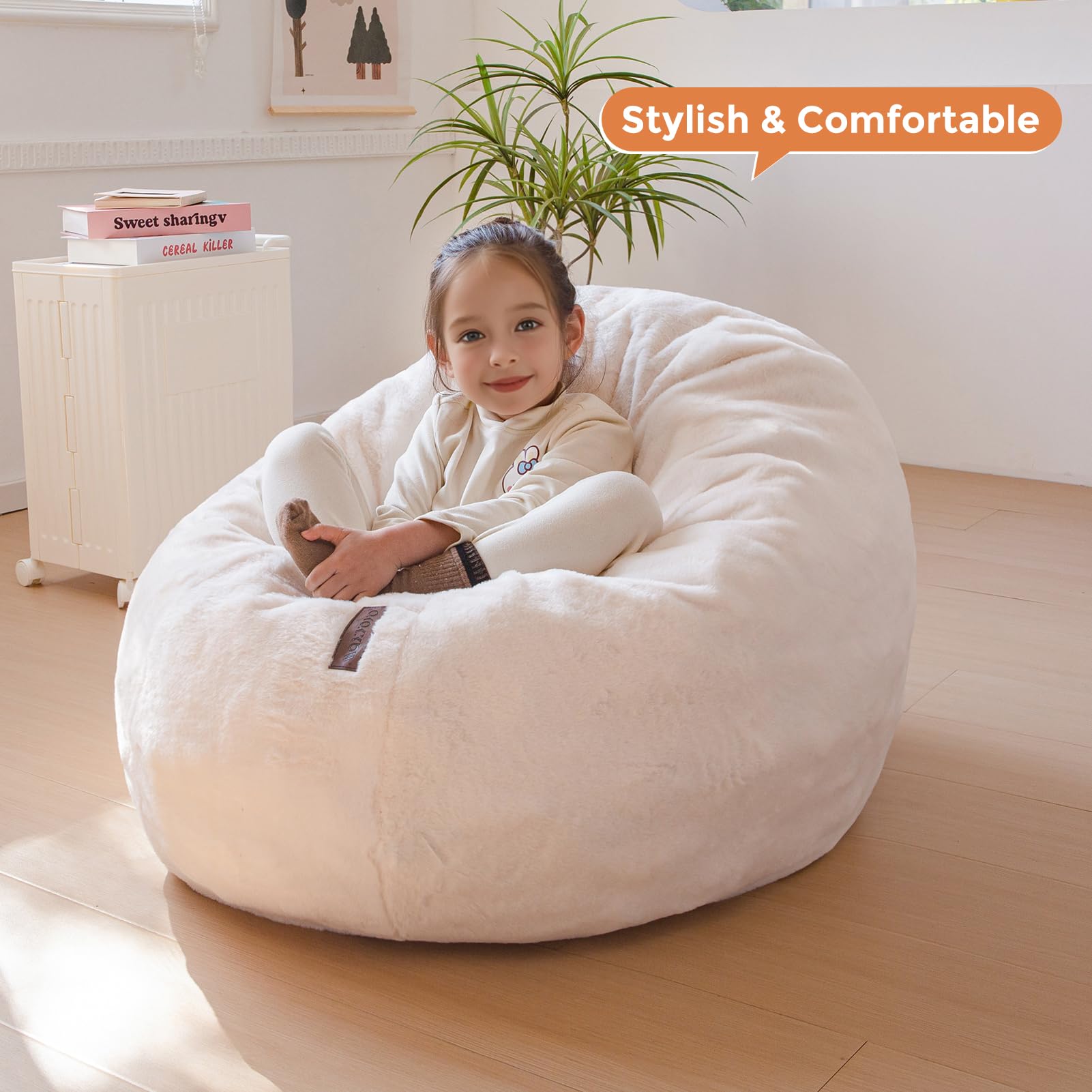 MAXYOYO 3-in-1 Kids Bean Bag Chair Bed - Convertible Faux Fur Round Floor Sofa for Children | Gaming Chair, Reading Nook & Nap Space | Soft Beige Comfort for Playroom, Bedroom & Dorm (Machine Washable)