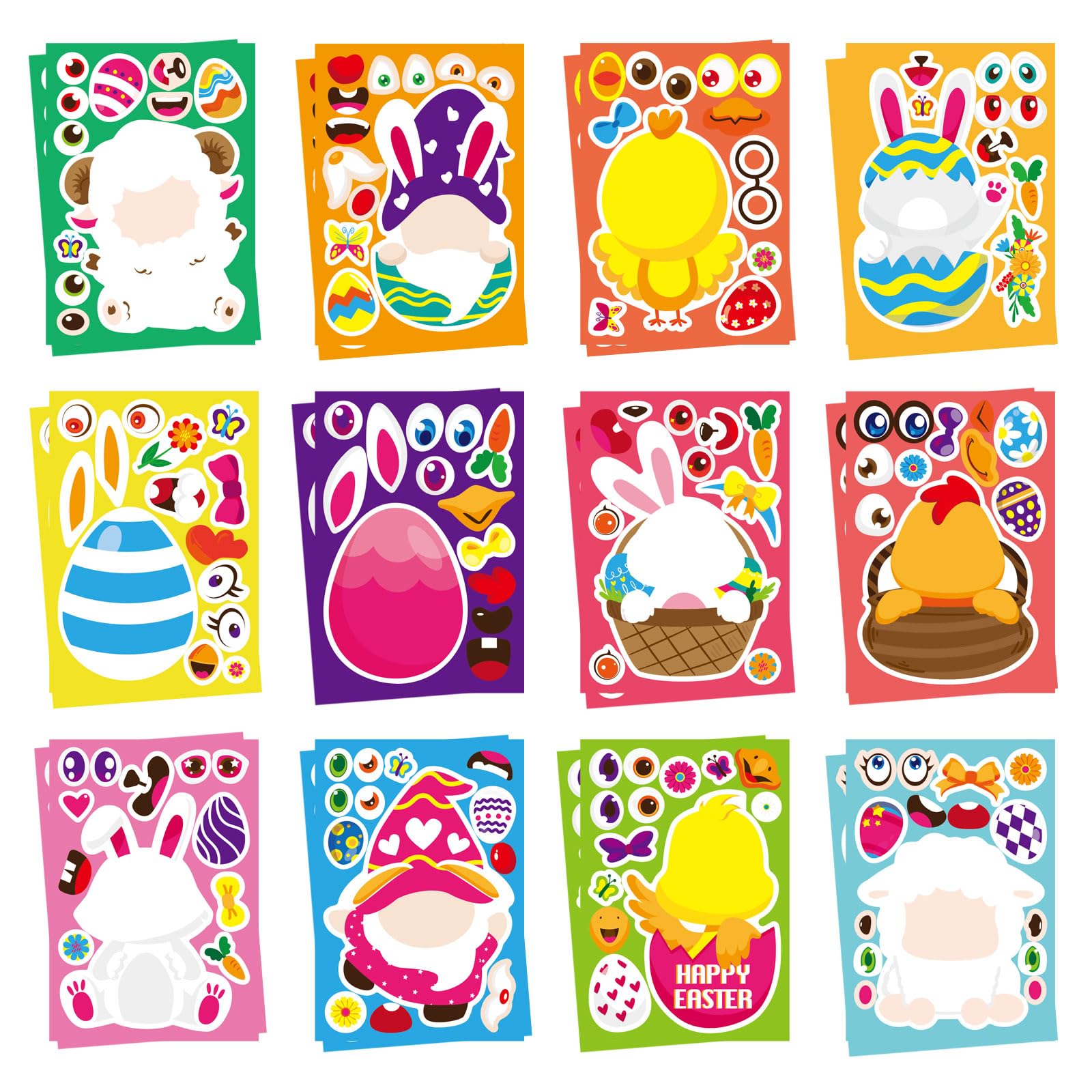 24 Sheets DIY Easter Make-a-Face Stickers for Kids - Easter Bunny, Chick, Lamb & Farm Animal Stickers for Boys & Girls - Fun Classroom, Party Favors & Family Activities