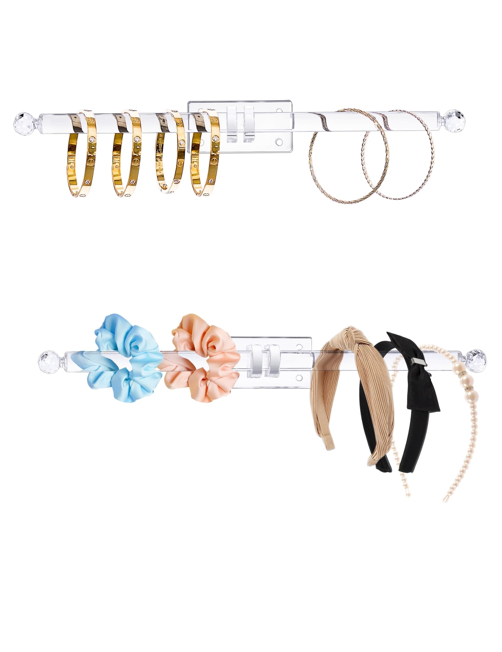 Acrylic Jewelry Organizer - 2-Pack Wall Mount Headband Holder, Bracelet Display Stand, Claw Clip & Necklace Organizer with Hooks for Baseball Caps, Watches, Hair Ties - Perfect for Bedroom, Bathroom & Closet Storage