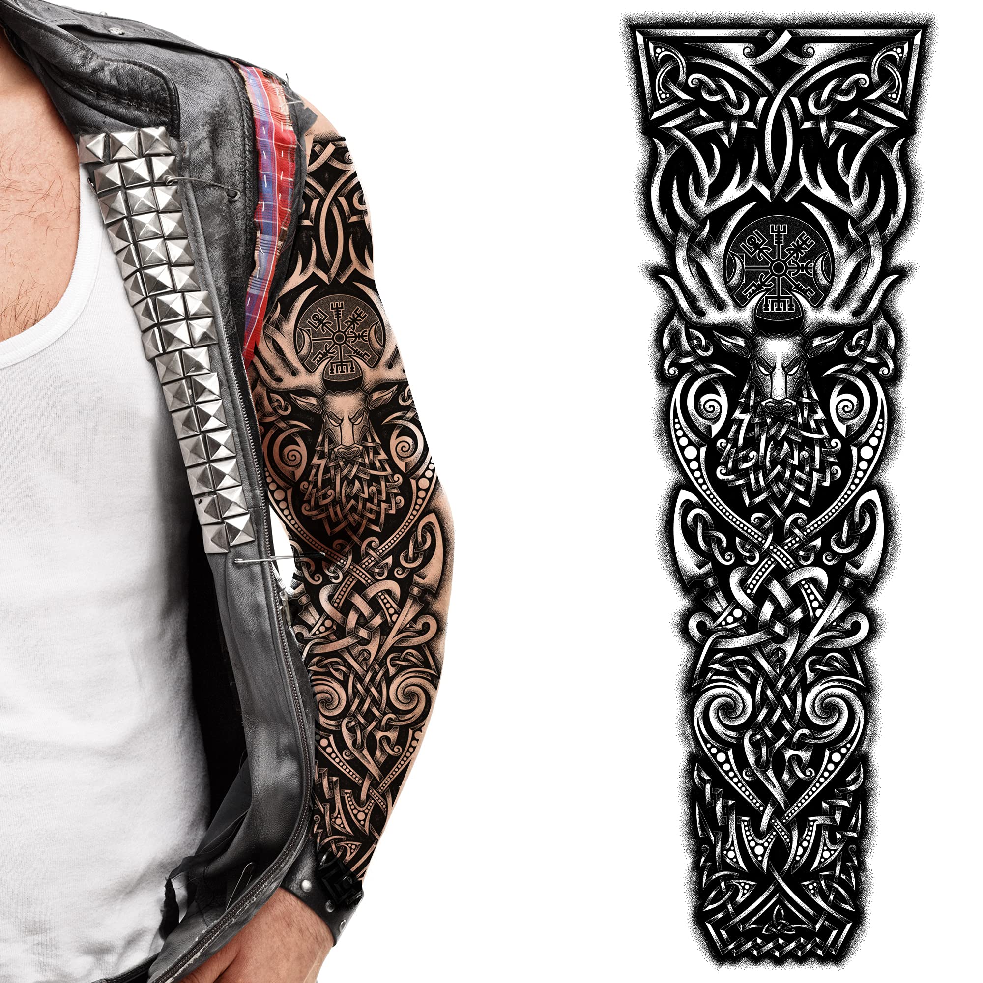 2 Pack Viking Temporary Tattoos - Full Arm Stag Elk Deer Noose Body Art Stickers for Adults & Kids | Nordic Celtic Tribal Medieval Sleeve Tattoos for Cosplay, Costume Parties, Halloween & Themed Events