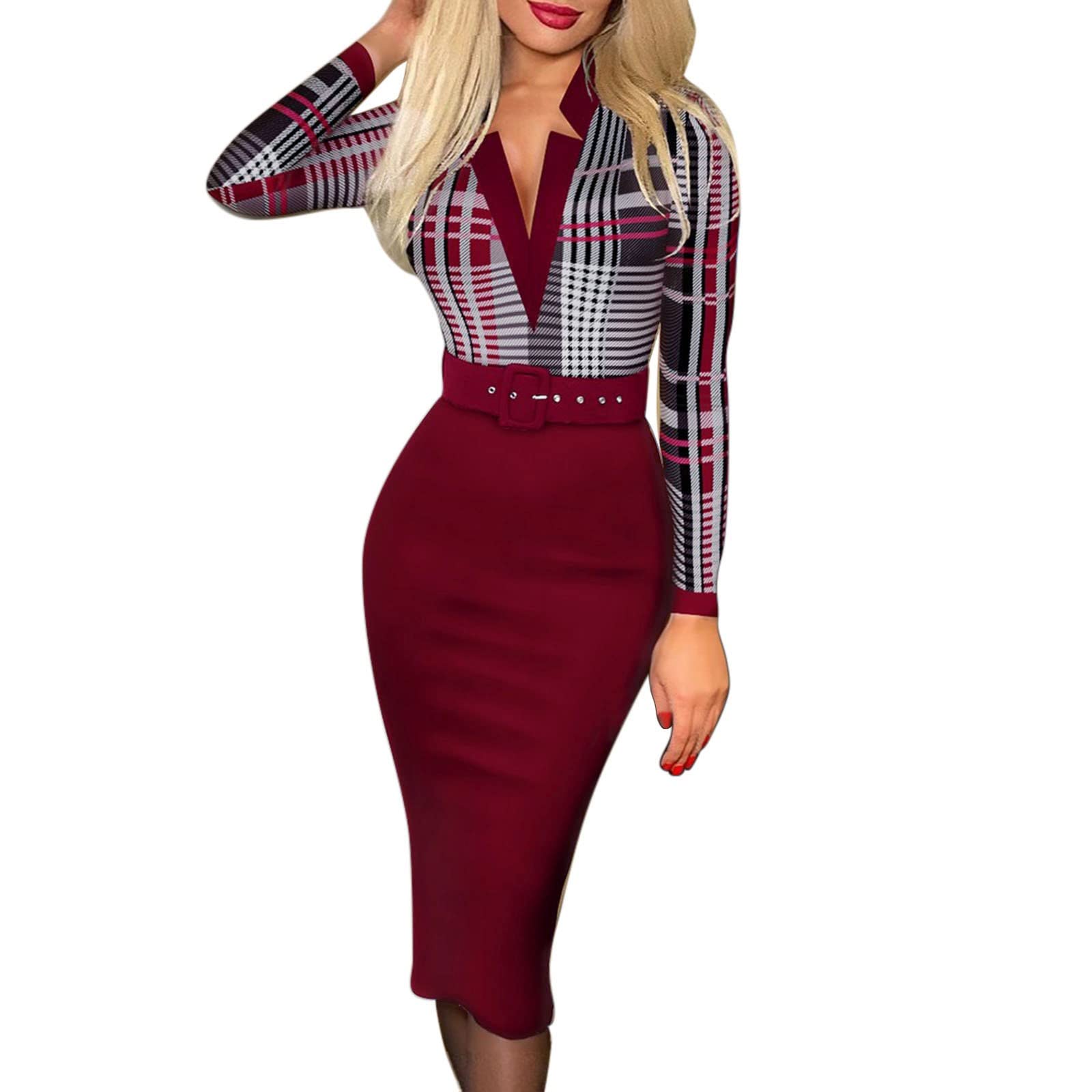 Elegant Women's Polka Dot Print V-Neck Long Sleeve Midi Dress - Office Work Dress with Side Slit | Perfect for Business Casual, Cocktail Parties & Formal Occasions