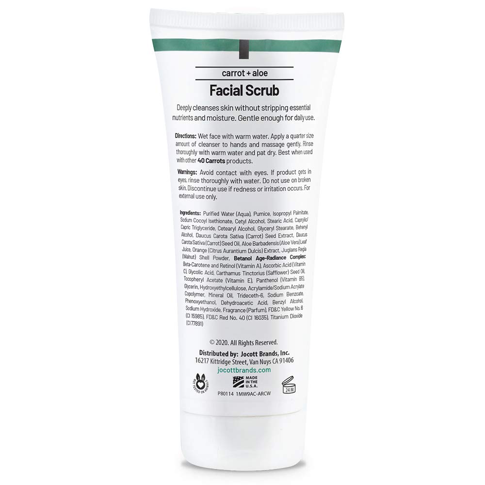40 Carrots Carrot Aloe Facial Cleansing Scrub - Improves Skin Tone & Texture for Softer Radiant Skin | USA Made, Paraben & Cruelty Free (3oz) | Gentle Exfoliation for Daily Skincare Routine & Acne Prone Skin