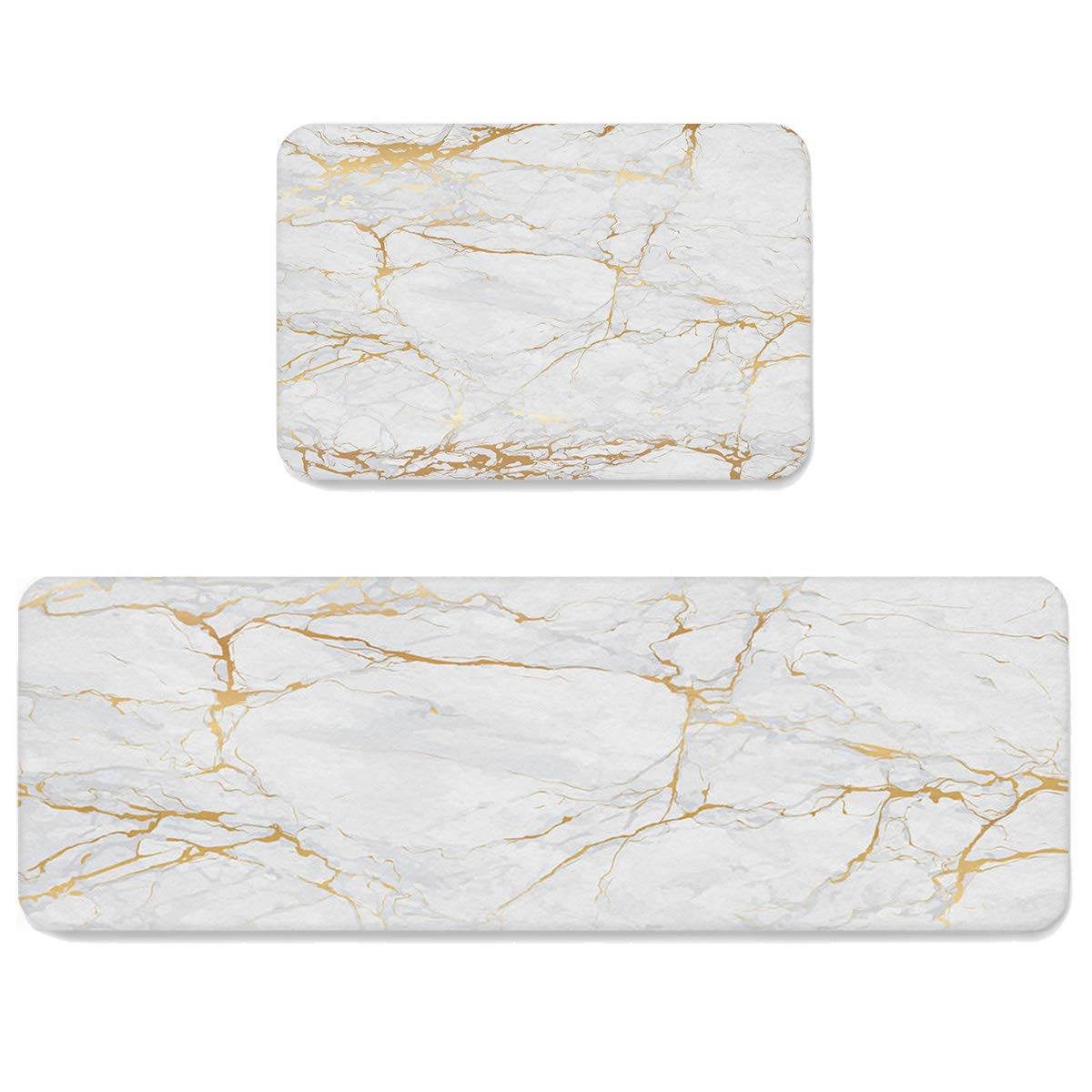 Premium Anti-Fatigue Kitchen Rugs Set - 2-Piece Non-Slip Waterproof Cushioned Floor Mats with Marble Design & Golden Abstract Pattern for Comfortable Standing - Perfect for Cooking, Dishwashing & Home Decor