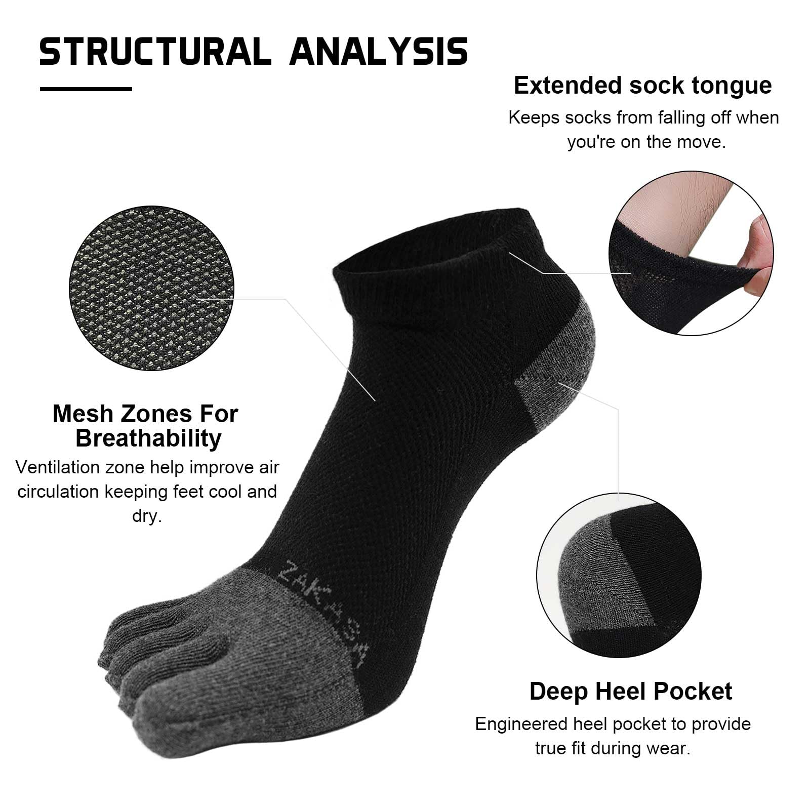 CaiDieNu Men's Five Toe Socks - 5 Pairs Breathable Cotton Athletic Crew Socks for Running, Yoga & Workout (Size 8-12) | No Show Ankle Socks for Sports & Daily Comfort