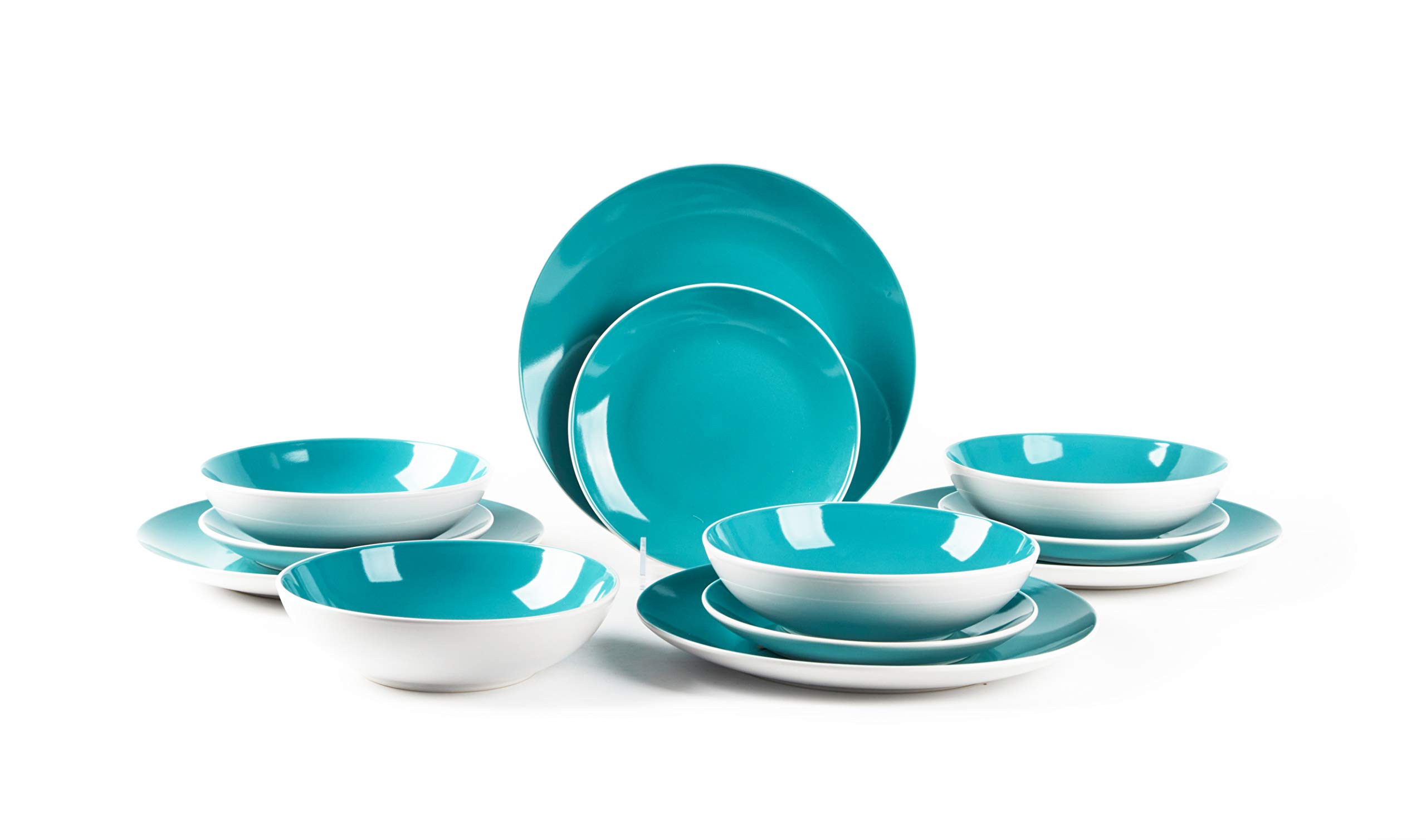 12-Piece Stoneware Coupe Dinnerware Set - White Exterior & Turquoise Interior - Elegant Tableware for Everyday Dining, Dinner Parties & Home Decor