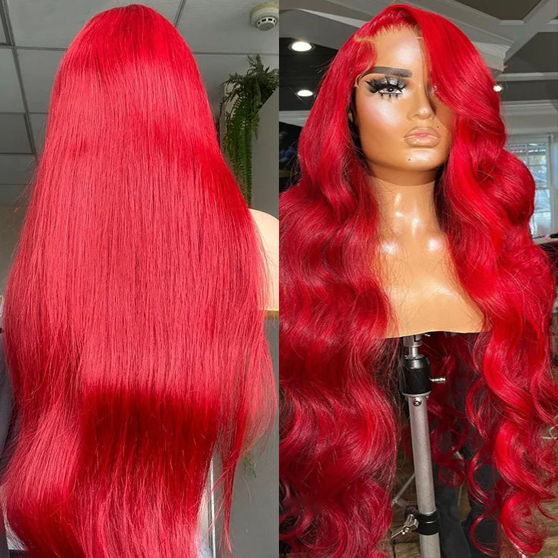 Eullair Nicki Minaj Inspired Red Straight/Body/Deep Wave Human Hair Lace Frontal Wig for Women with Pre-Plucked Hairline - Perfect for Cosplay, Parties & Daily Wear