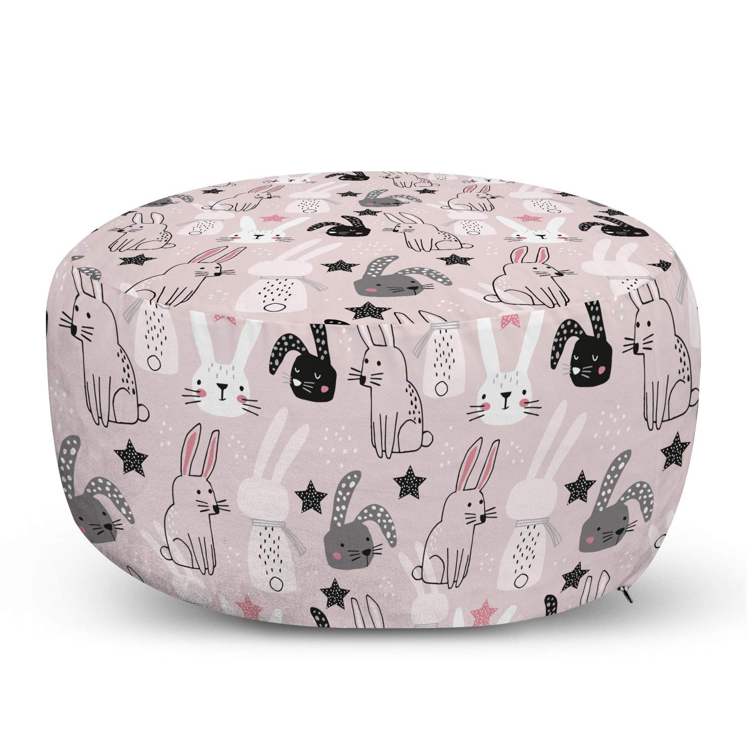 Ambesonne Easter Bunny Ottoman Pouf - Cartoon Bunny Hand-Drawn Star Design Foot Rest with Removable Cover - Soft Decorative Accent for Living Room, Bedroom & Nursery - Rose Charcoal Grey - Perfect for Easter Decor, Cozy Seating & Kids Play Area