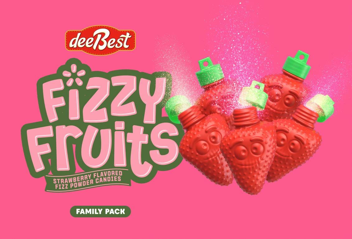 Dee Best Strawberry Shaped Fizzy Powder Candy - 24-Pack Kosher & Gluten-Free Fruit Flavored Treats - Perfect for Kids Parties, Halloween Goodie Bags & School Snacks