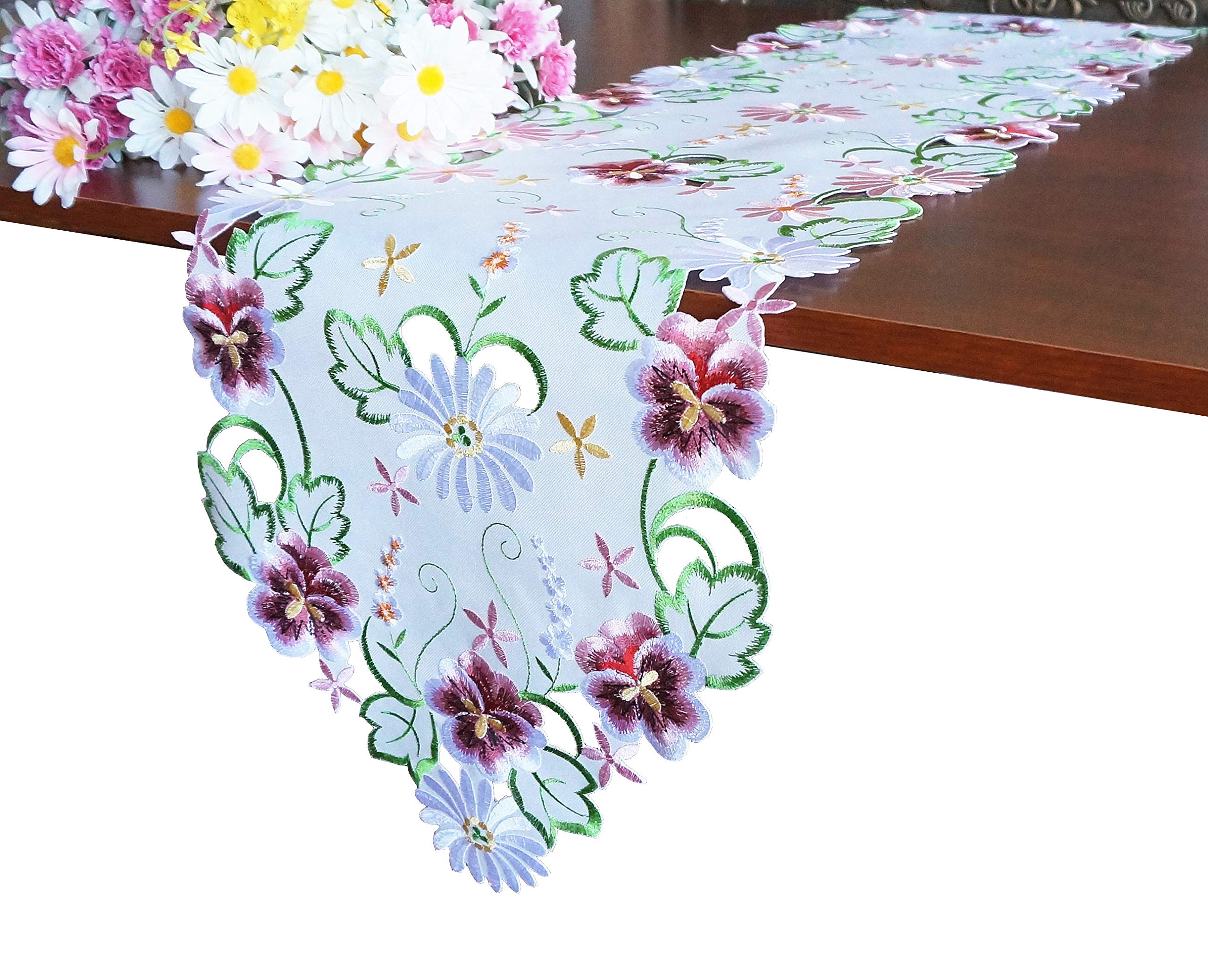 13×54 Inch White Embroidered Cutwork Floral Table Runner - Spring Flower Design for Dining Room, Kitchen, Dresser & Easter Decor - Elegant Home Tabletop Decoration