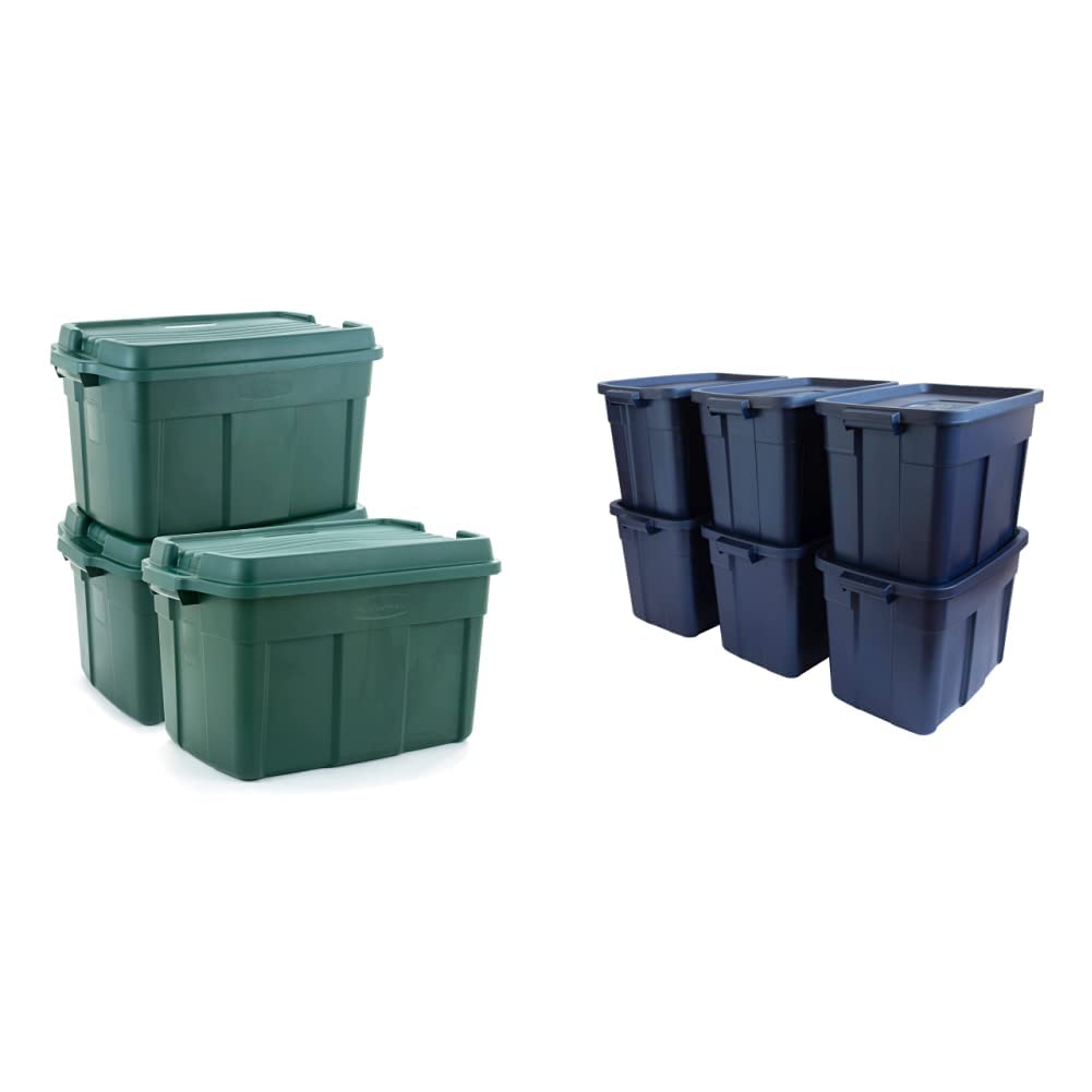 Rubbermaid ECOSense & Roughneck Storage Containers with Lids - 37 Gallon (3-Pack) & 18 Gallon (6-Pack) - Durable Stackable Plastic Bins for Home Organization, Garage Storage & Moving Supplies - Dark Indigo Metallic